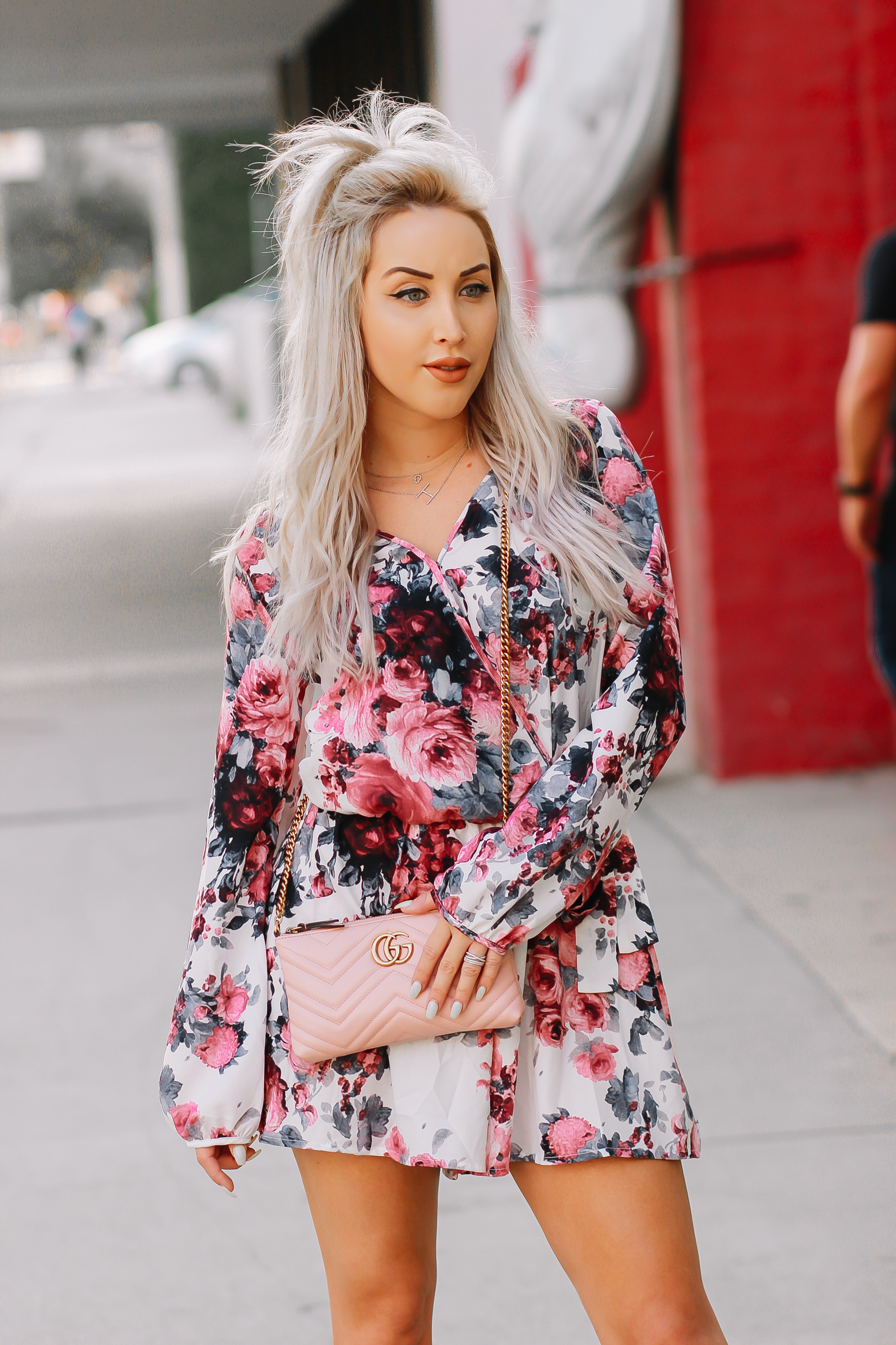 Blondie in the City | Pink Floral Summer Romper | Pink Gucci Bag