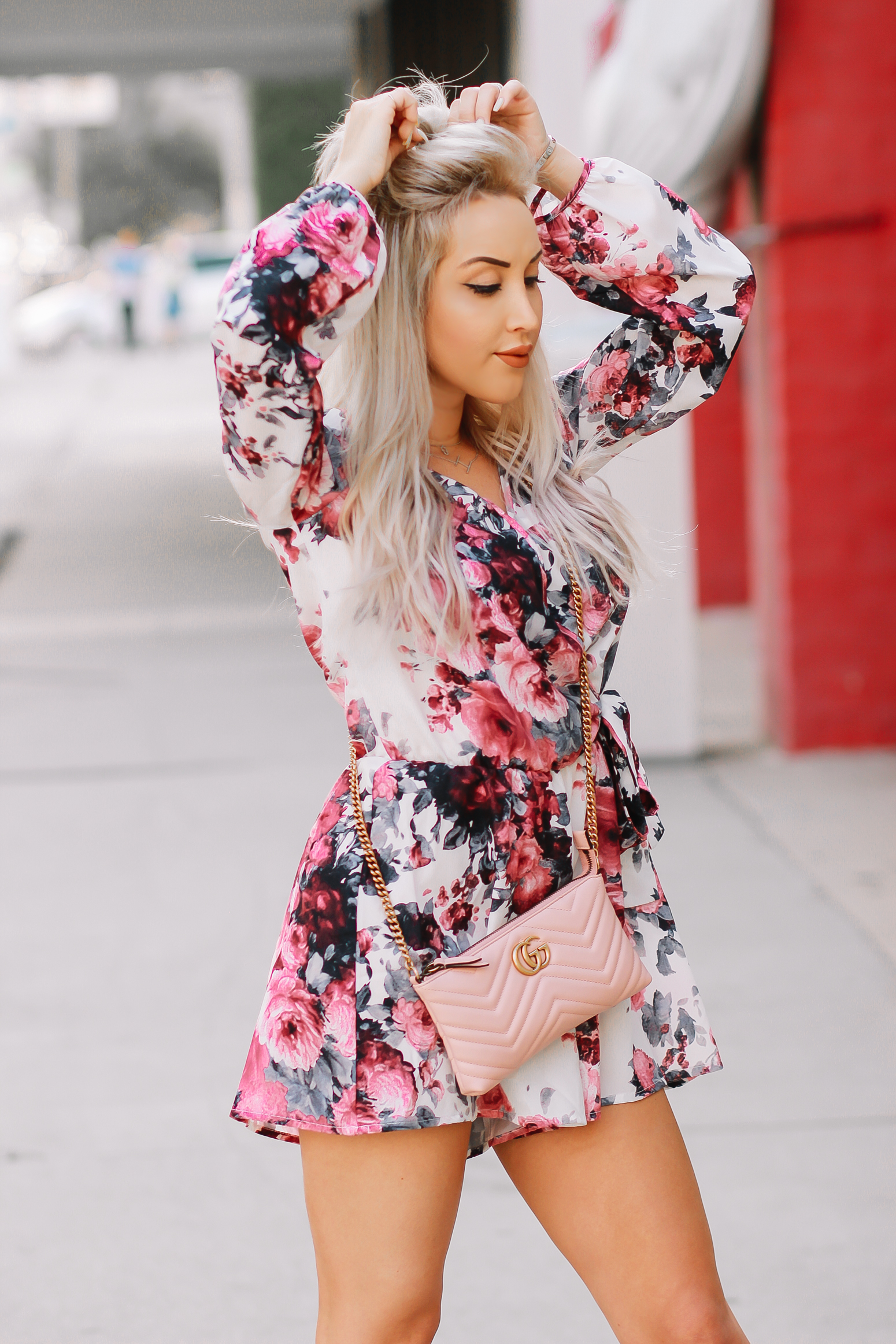 Blondie in the City | Pink Floral Summer Romper | Pink Gucci Bag