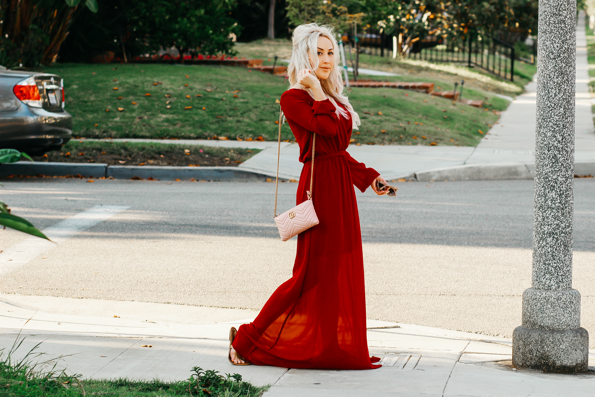 Blondie in the City | Sheer Red Maxi Dress w/ pink Gucci Bag