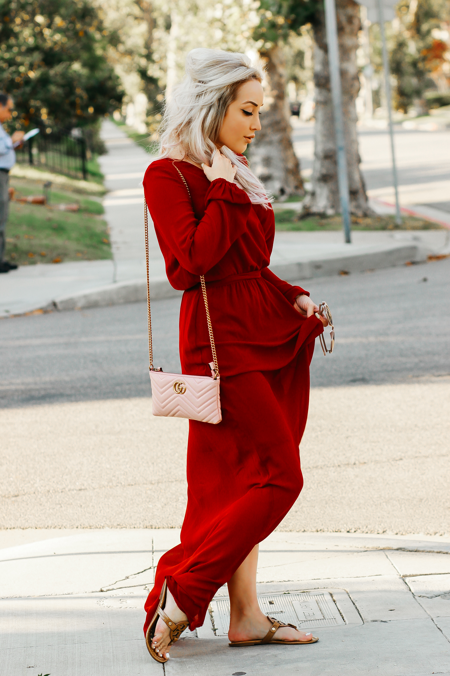 Blondie in the City | Sheer Red Maxi Dress w/ pink Gucci Bag