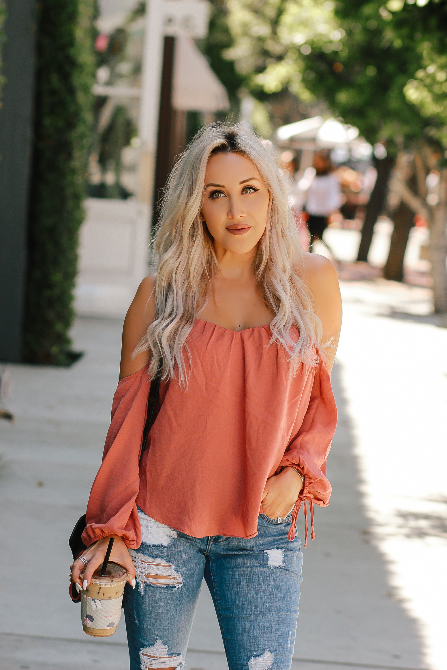 Blondie in the City | Off the Shoulder Top, Distressed Jeans, Sam Edelman Shoes | Summer Fashion