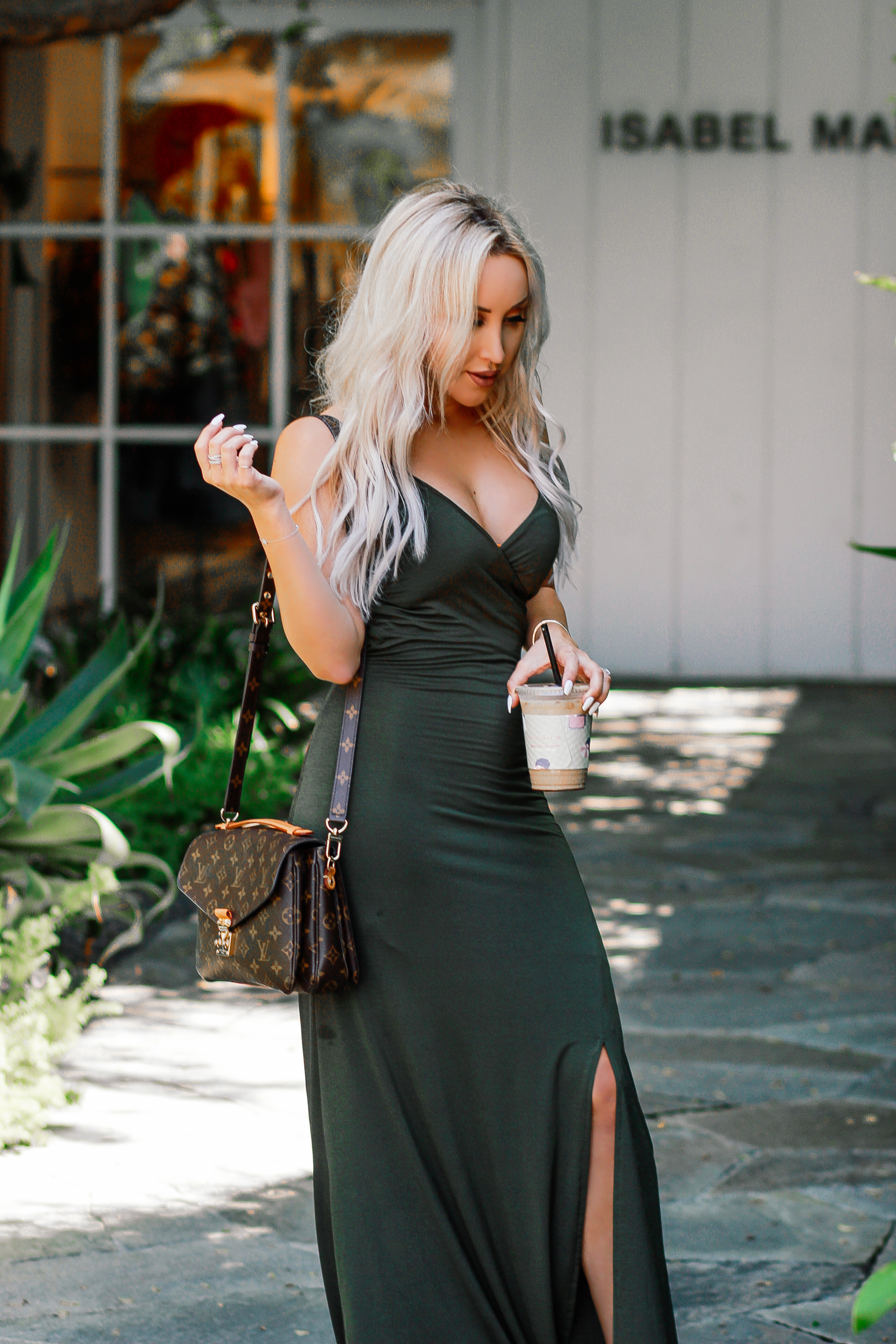 Blondie in the City | Sexy Forest Green Maxi Dress | Louis Vuitton Pochette Metis | LA Fashion Blogger