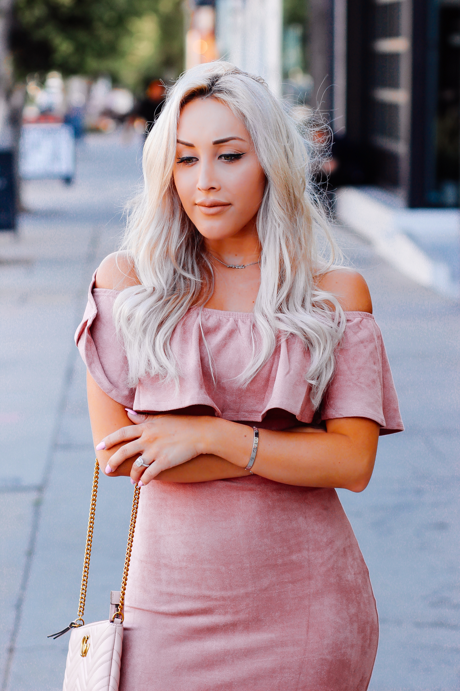 Blondie in the City | Pink Suede Off The Shoulder Dress | Pink Gucci | Pink Louboutin's