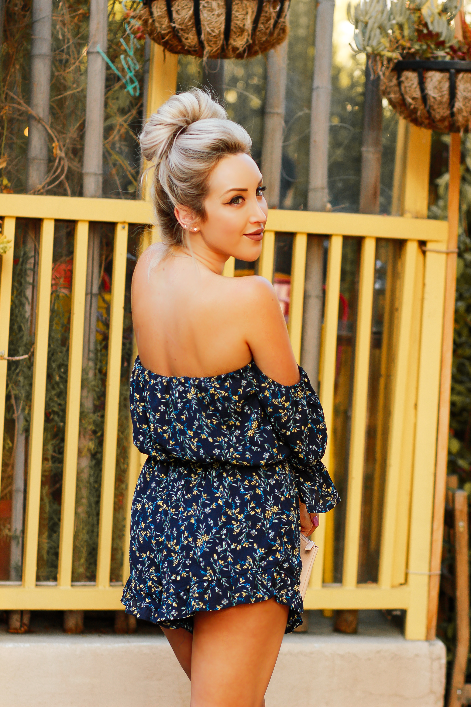 Blondie in the City | Navy Blue, Yellow Floral Romper | Summer Fashion | Cute Summer Outfit