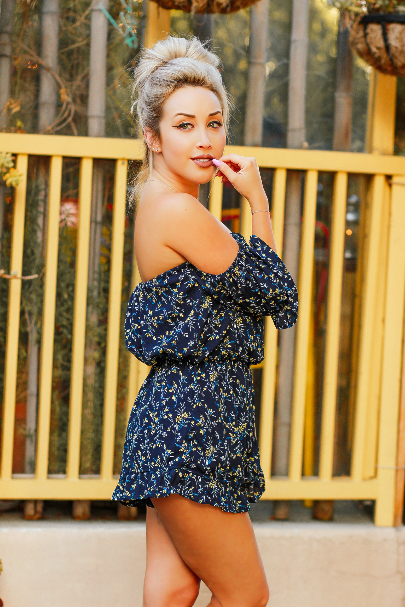 Blondie in the City | Navy Blue, Yellow Floral Romper | Summer Fashion | Cute Summer Outfit