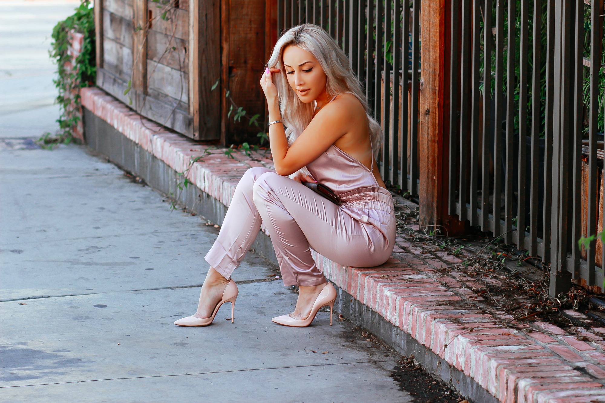 Blondie in the City | Pink Rose Colored Satin jumpsuit | Pink Louboutin's