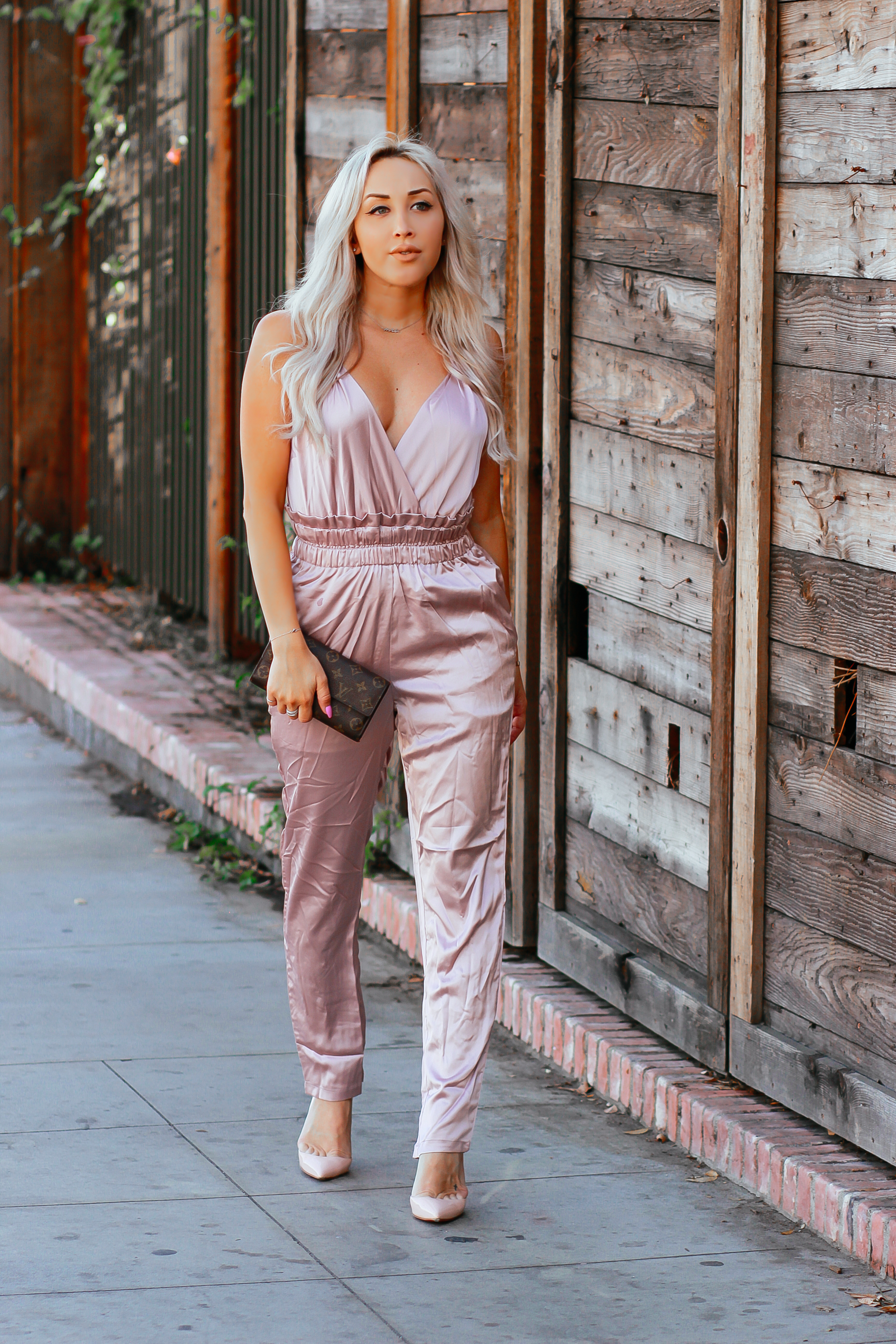 Blondie in the City | Pink Rose Colored Satin jumpsuit | Pink Louboutin's