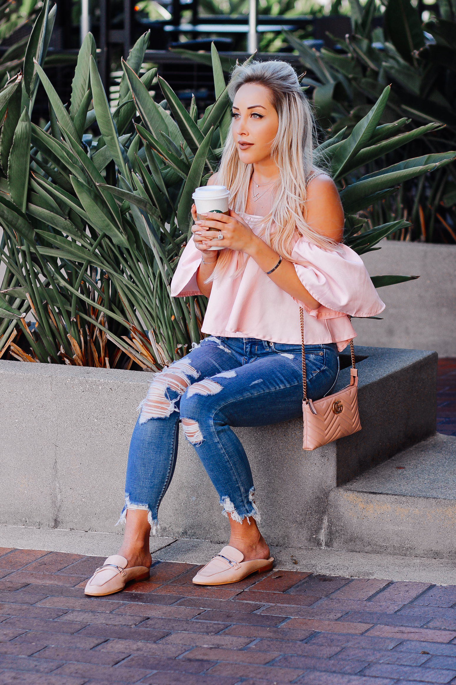 Blondie in the City | Ripped Denim, Pink Off The Shoulder Top, Pink Loafers