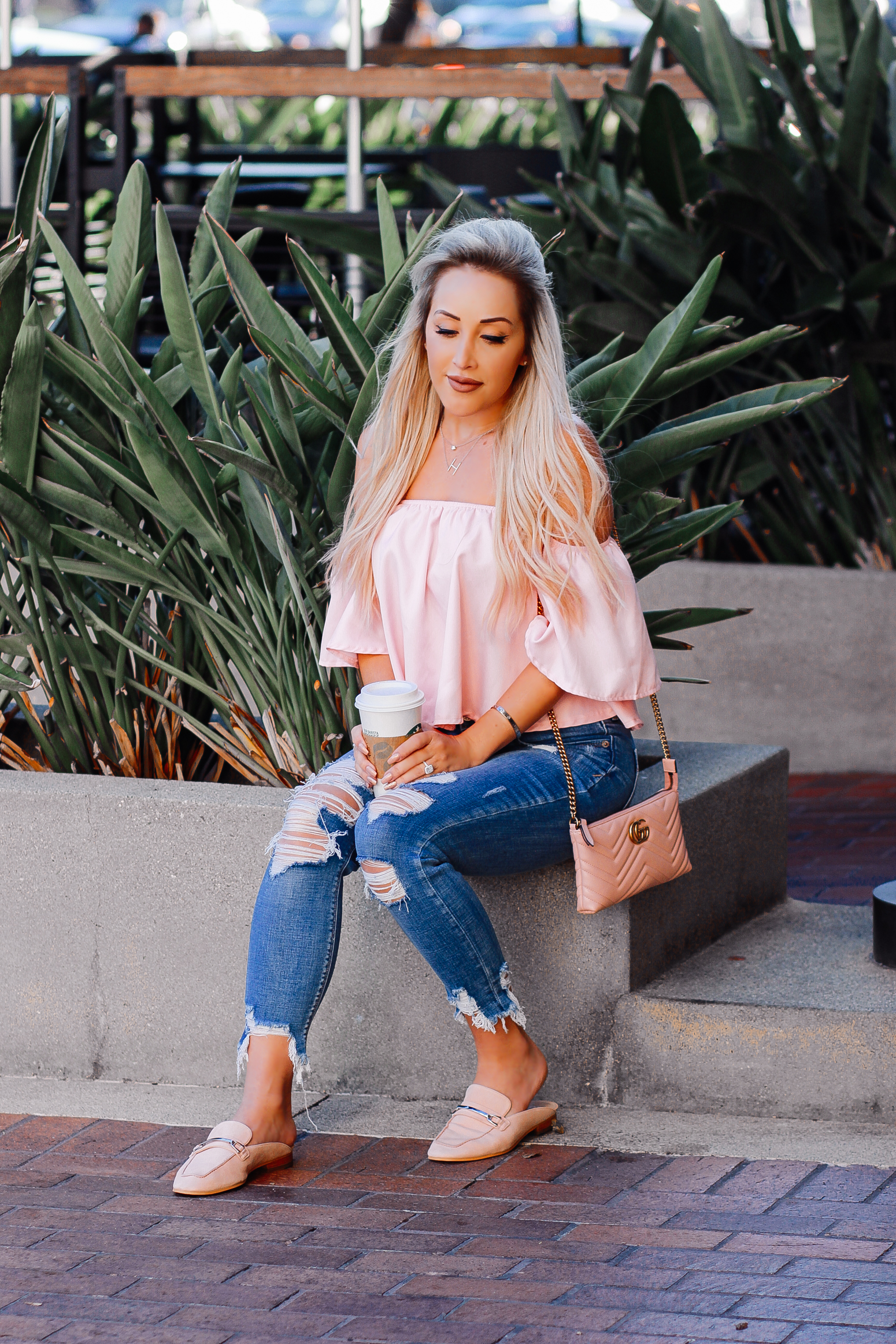 Blondie in the City | Ripped Denim, Pink Off The Shoulder Top, Pink Loafers
