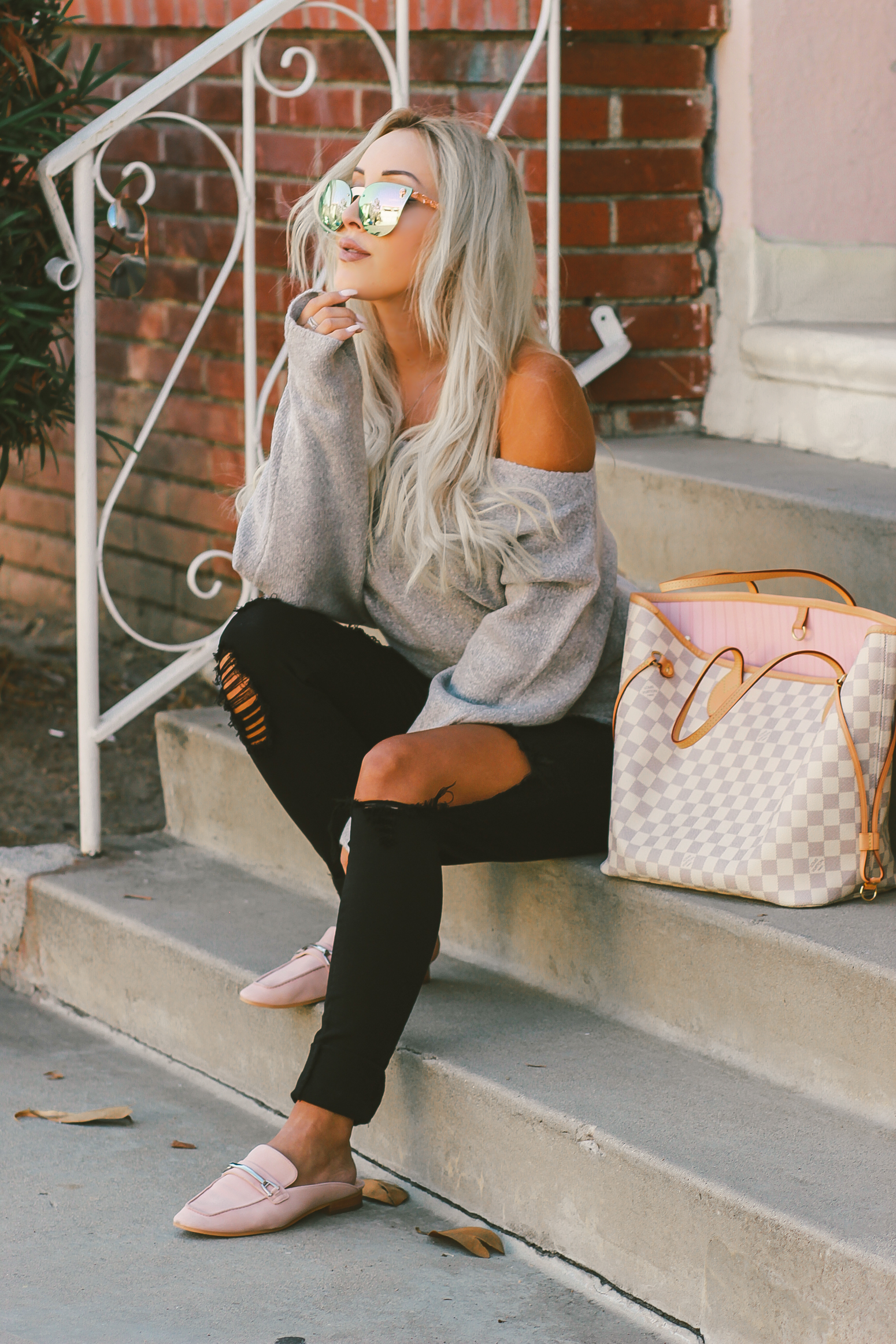 Blondie in the City | Fall Fashion Off The Shoulder Sweater, Louis Vuitton Neverfull MM | Pink Loafers, Pink Mirrored Sunglasses
