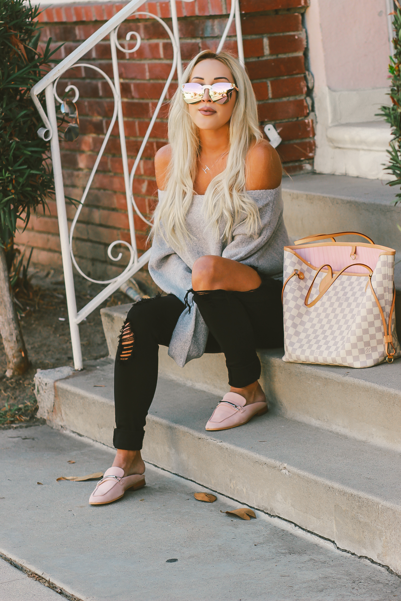 Blondie in the City | Fall Fashion Off The Shoulder Sweater, Louis Vuitton Neverfull MM | Pink Loafers, Pink Mirrored Sunglasses