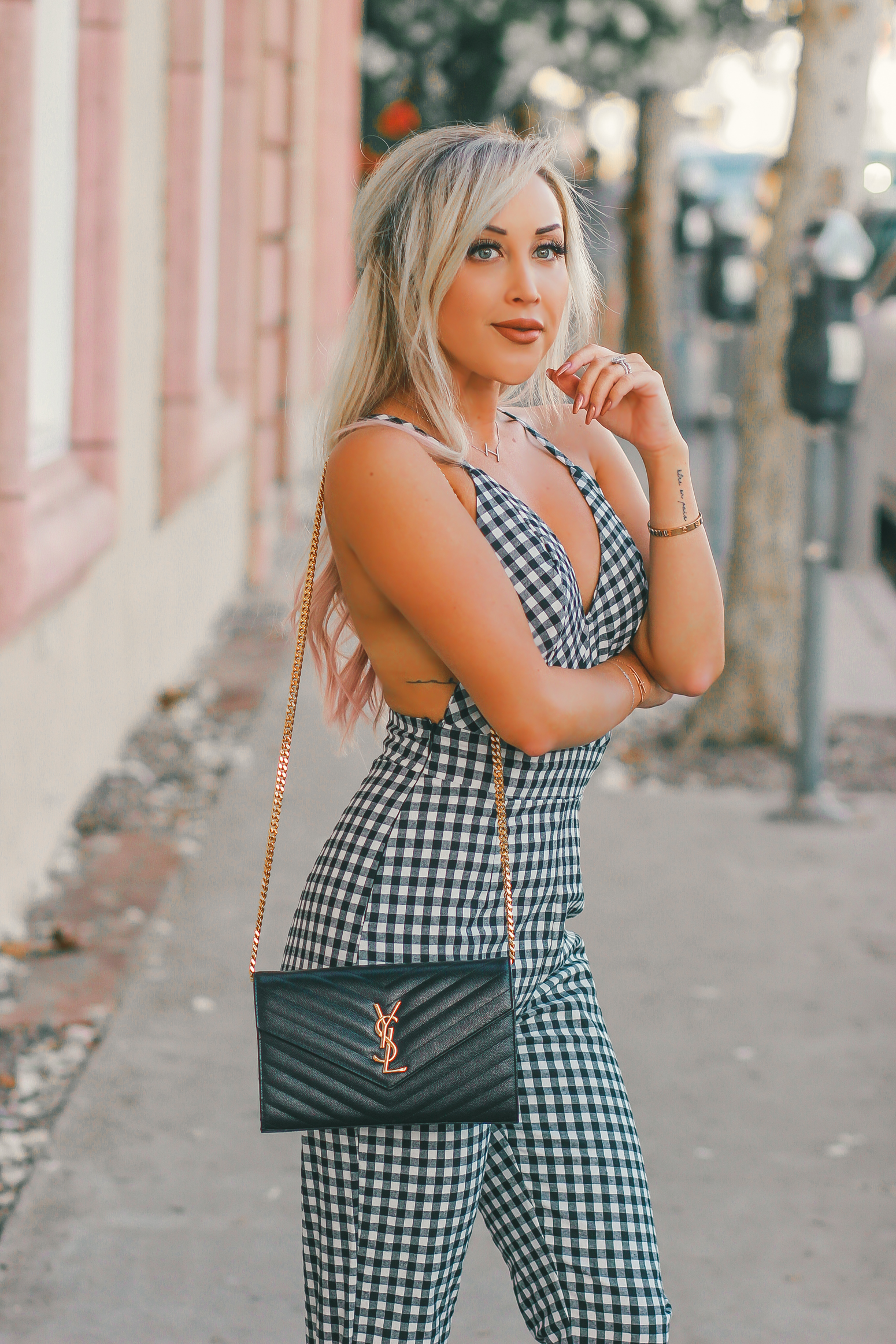 Blondie in the City | Checkered Jumpsuit | Rebecca Minkoff Flats | YSL Crossbody
