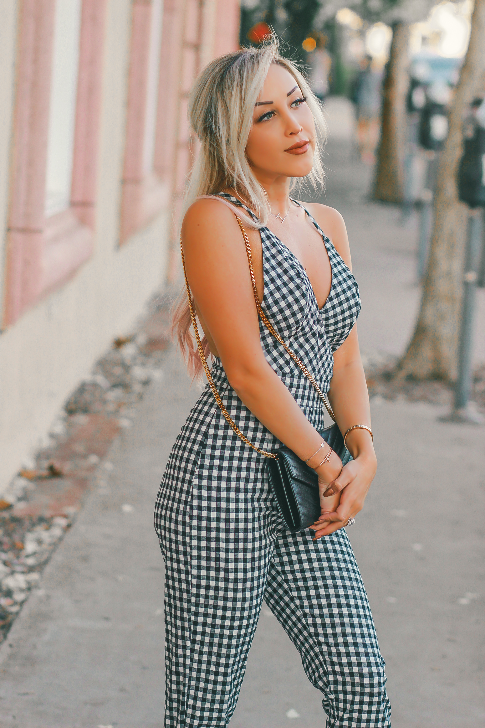 Blondie in the City | Checkered Jumpsuit | Rebecca Minkoff Flats | YSL Crossbody