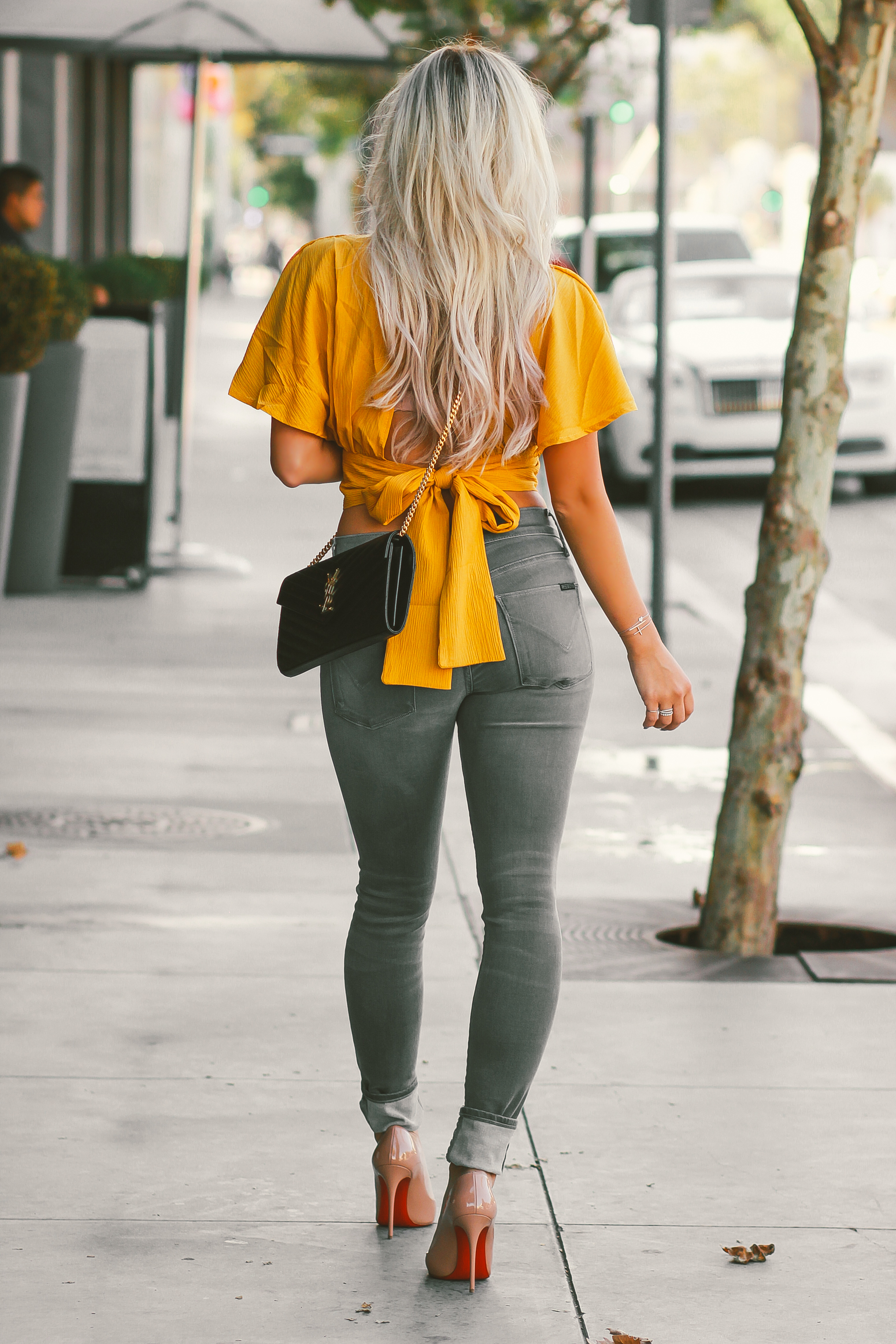 Blondie in the City | My Perfect Grey Jeans | Fall Fashion Inspo | Grey Hudson Jeans, Yellow Flowy Top | Black YSL | Nude Louboutin's