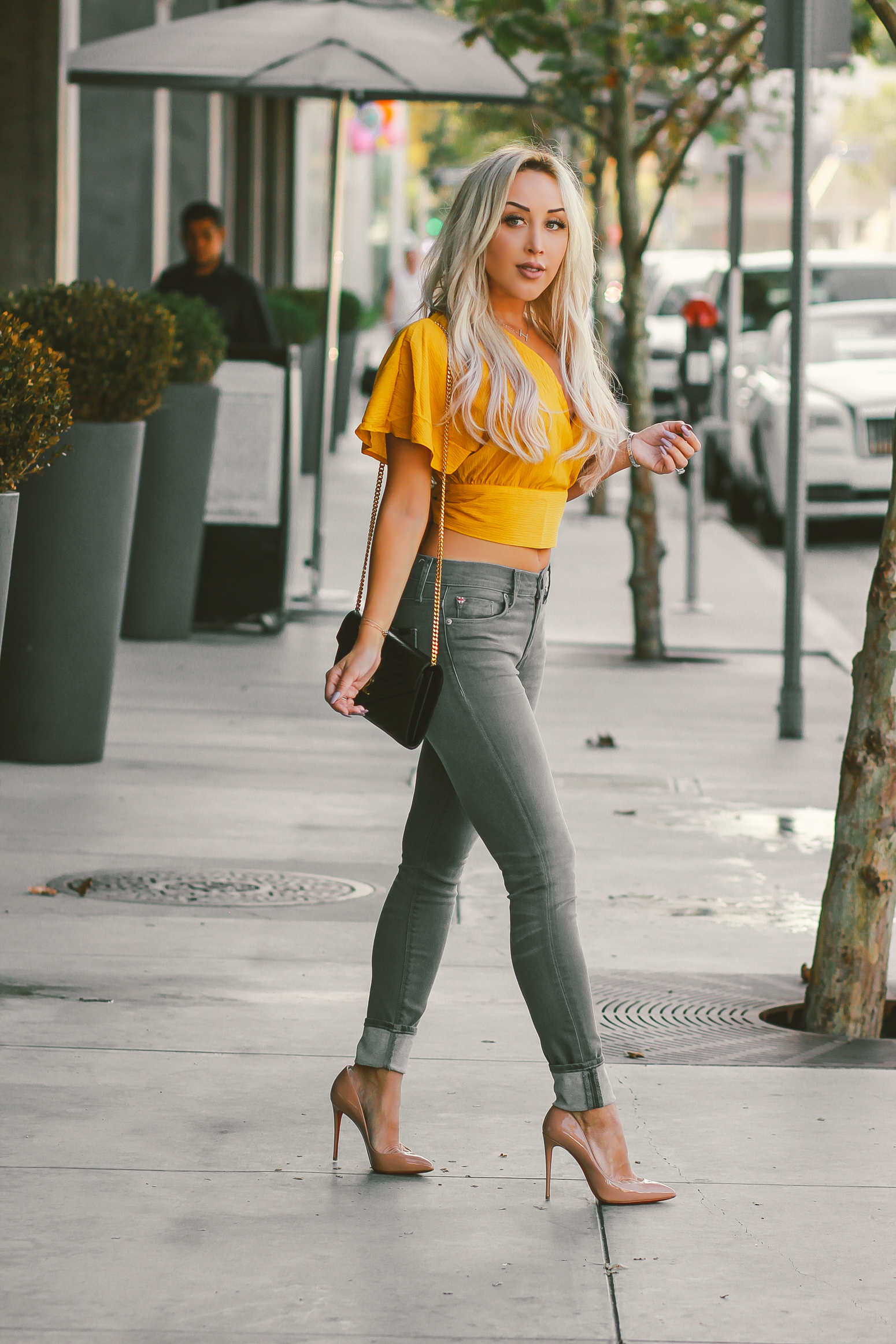 Blondie in the City | My Perfect Grey Jeans | Fall Fashion Inspo | Grey Hudson Jeans, Yellow Flowy Top | Black YSL | Nude Louboutin's