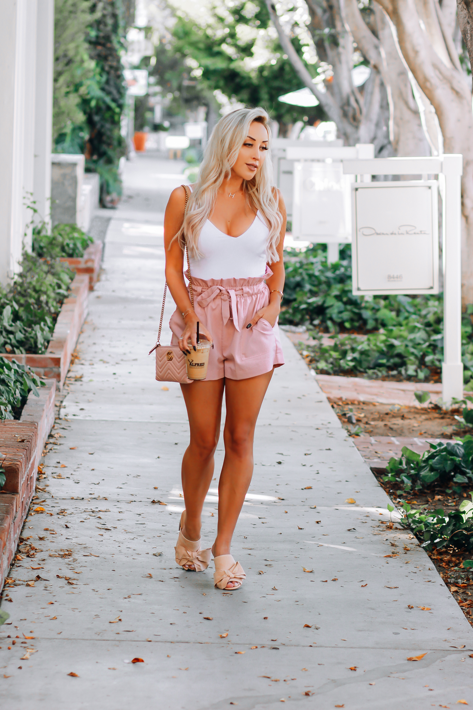 Blondie in the City | Pink & White Outfit | High waisted Pink Shorts | Pink Gucci