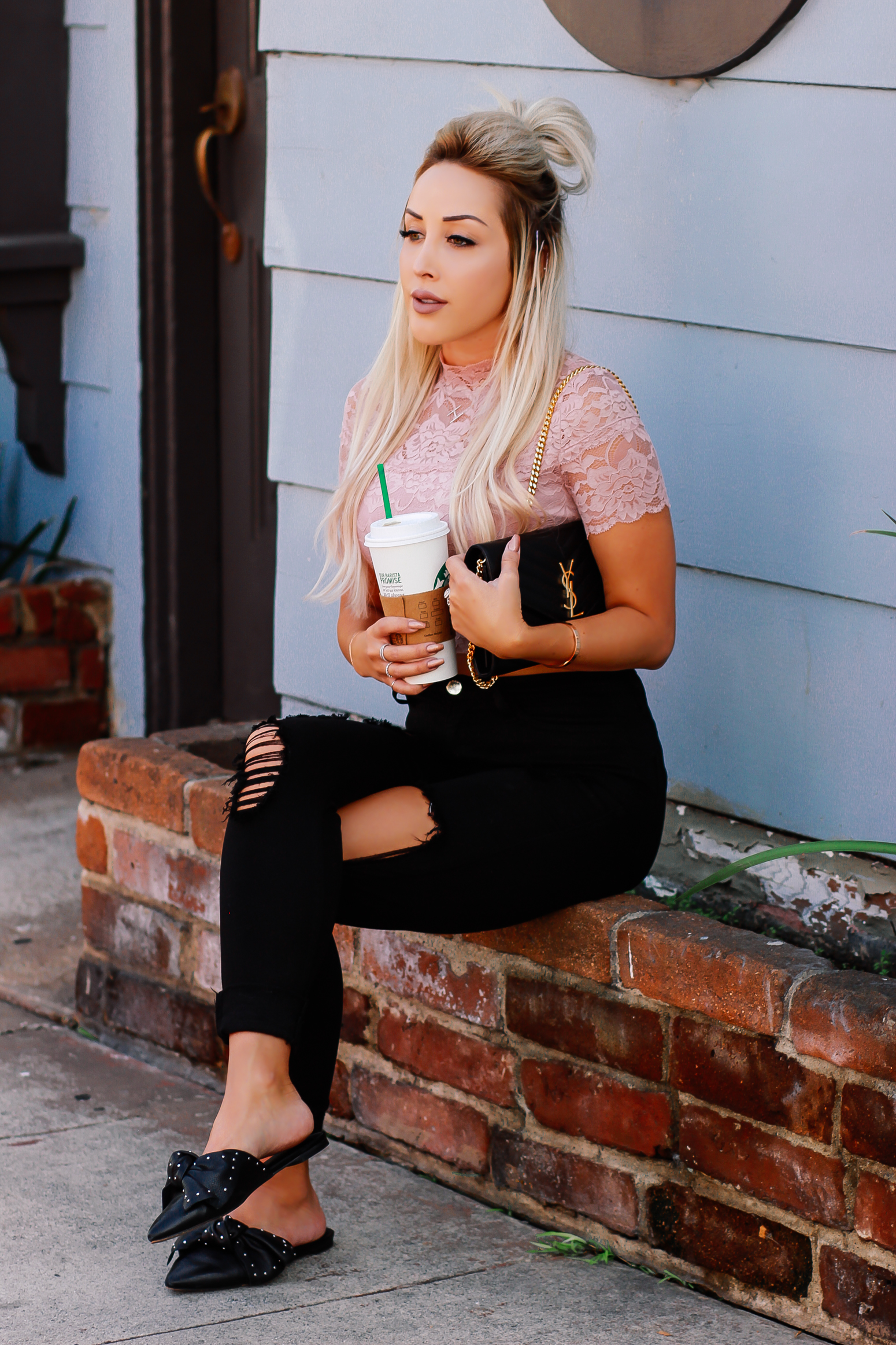 Blondie in the City | Blush Lace Crop Top | YSL Bag | Rebecca Minkoff Flats