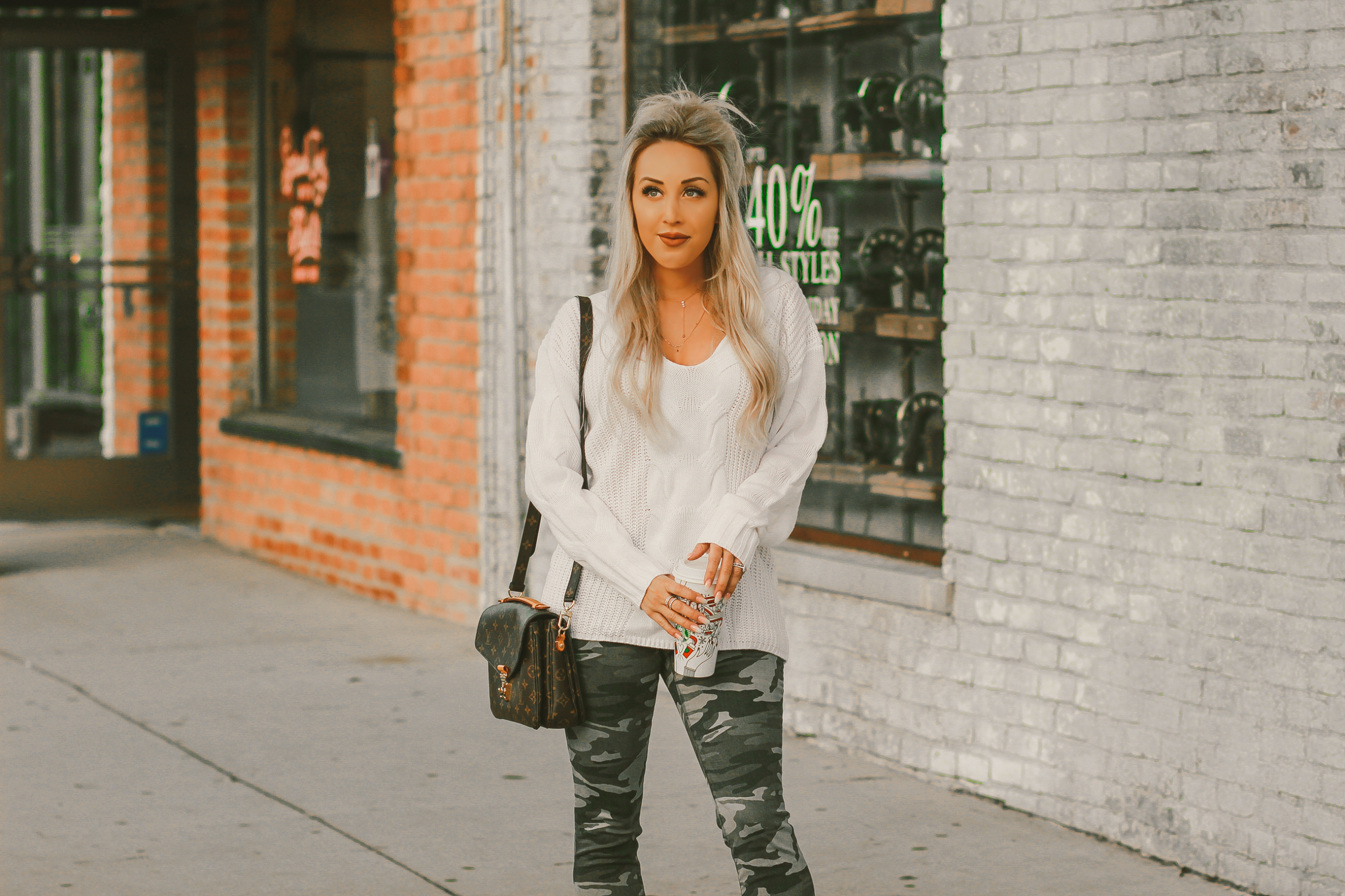 Blondie in the City | Camouflage Jeans, White Sweater | Nude Louboutins, Louis Vuitton Bag | Fall Fashion