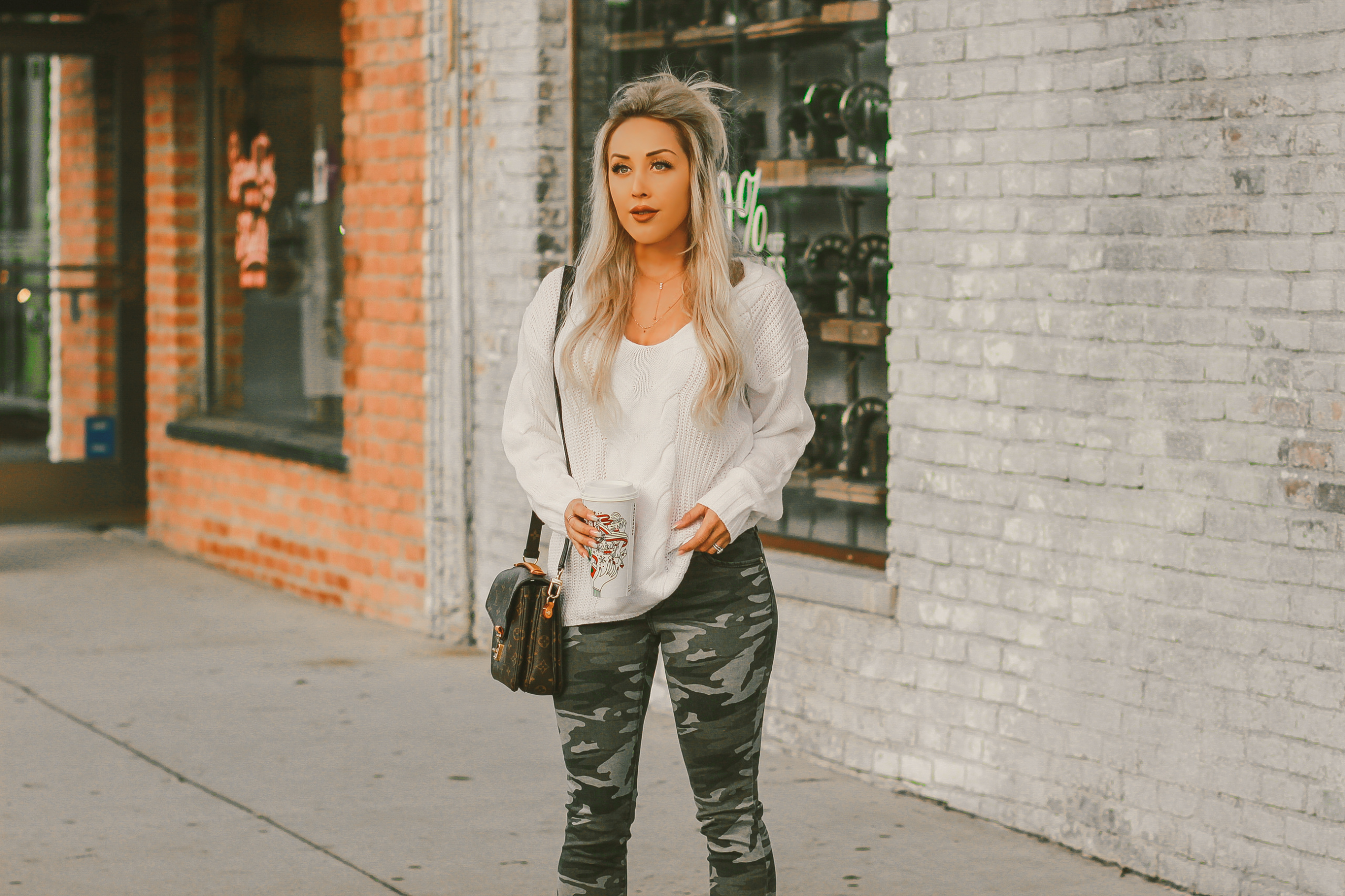 Blondie in the City | Camouflage Jeans, White Sweater | Nude Louboutins, Louis Vuitton Bag | Fall Fashion