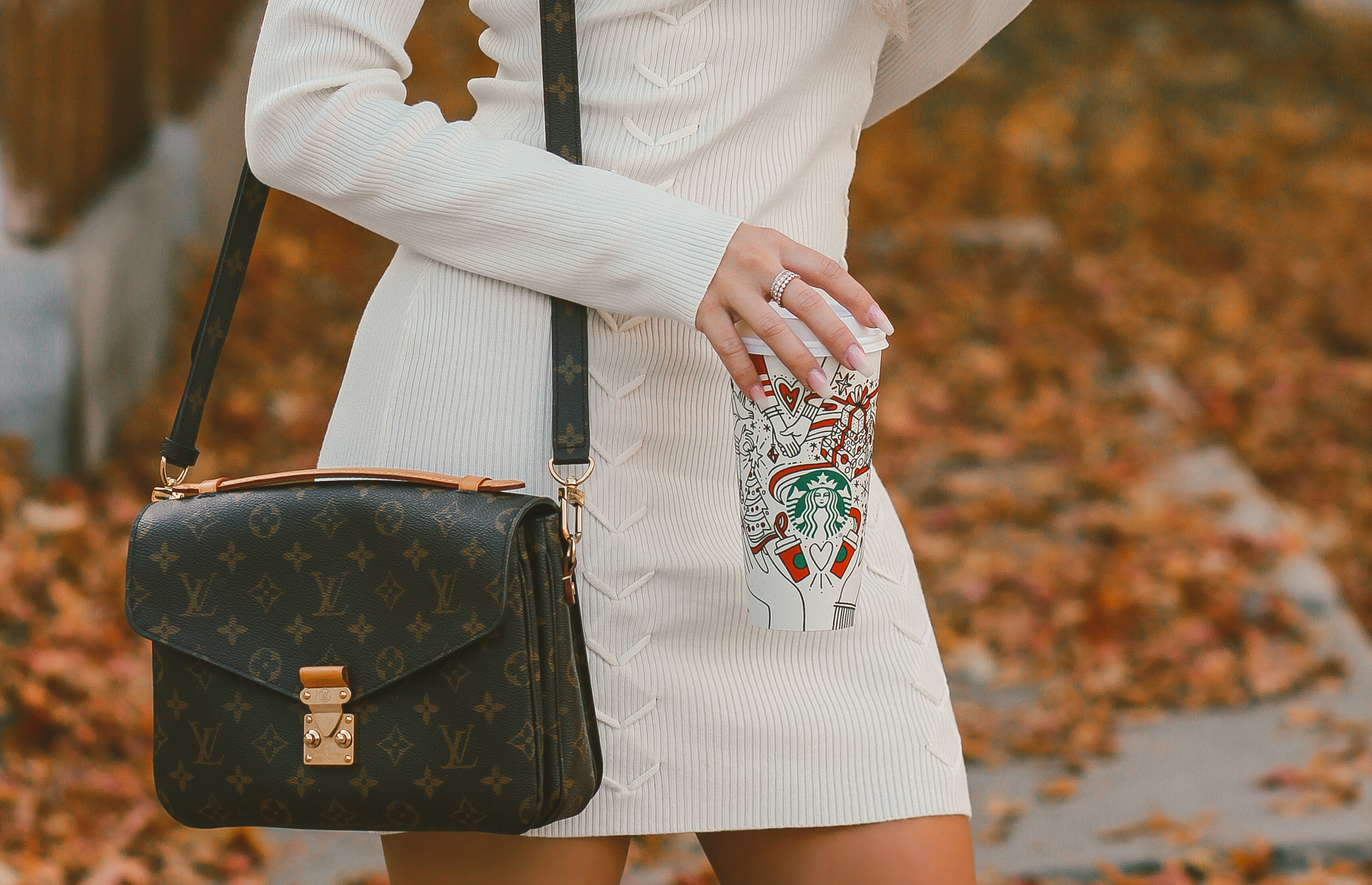 Blondie in the City | Cozy White Sweater Dress | Fall Fashion | Louis Vuitton | Fall Leaves | Louboutin's