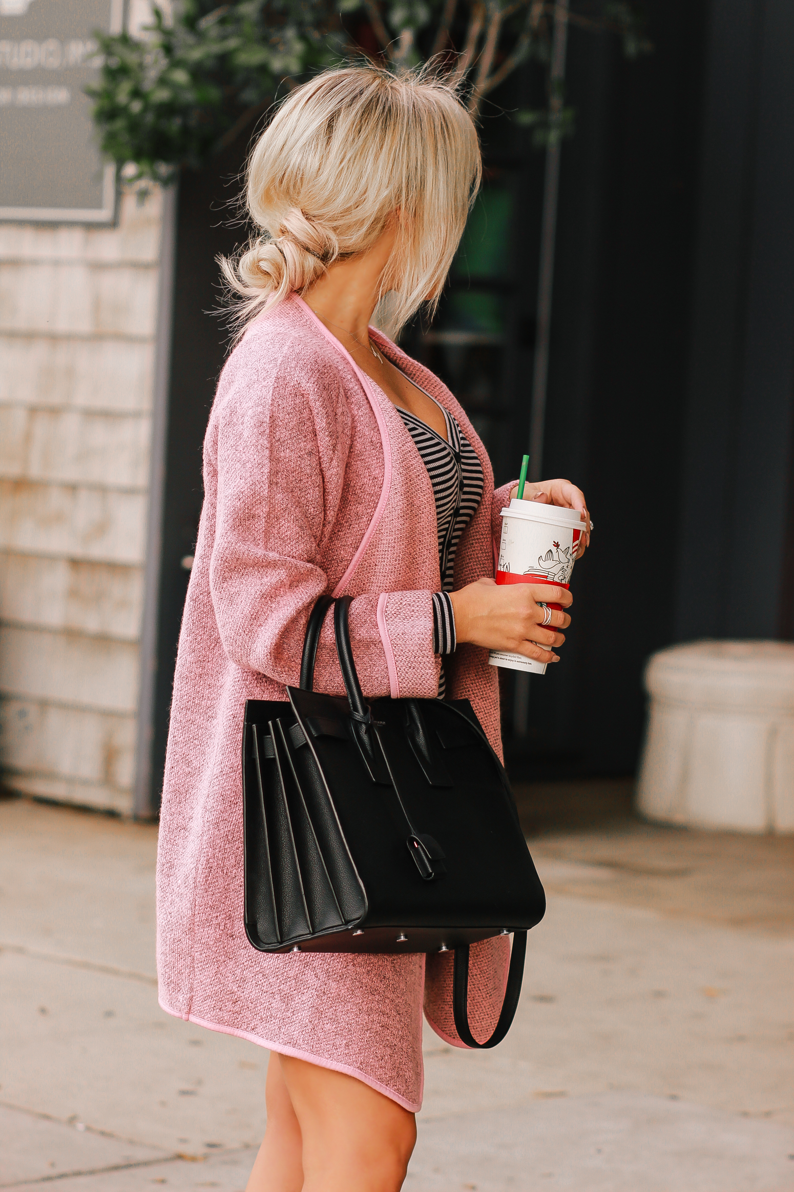 Pink Fall Coat | Striped Dress | Fringe Heels |YSL Bag | Fall Fashion