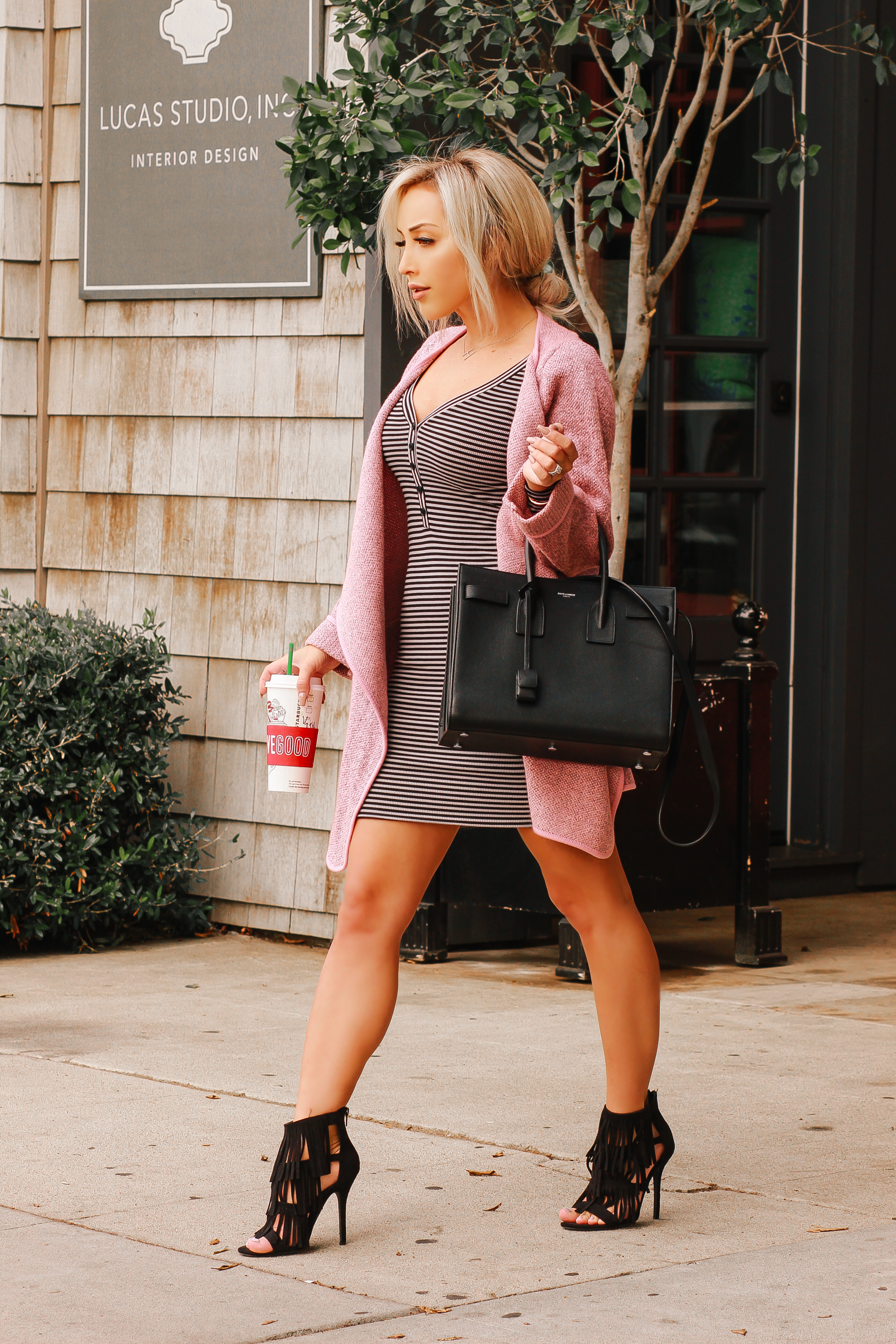 Pink Fall Coat | Striped Dress | Fringe Heels |YSL Bag | Fall Fashion