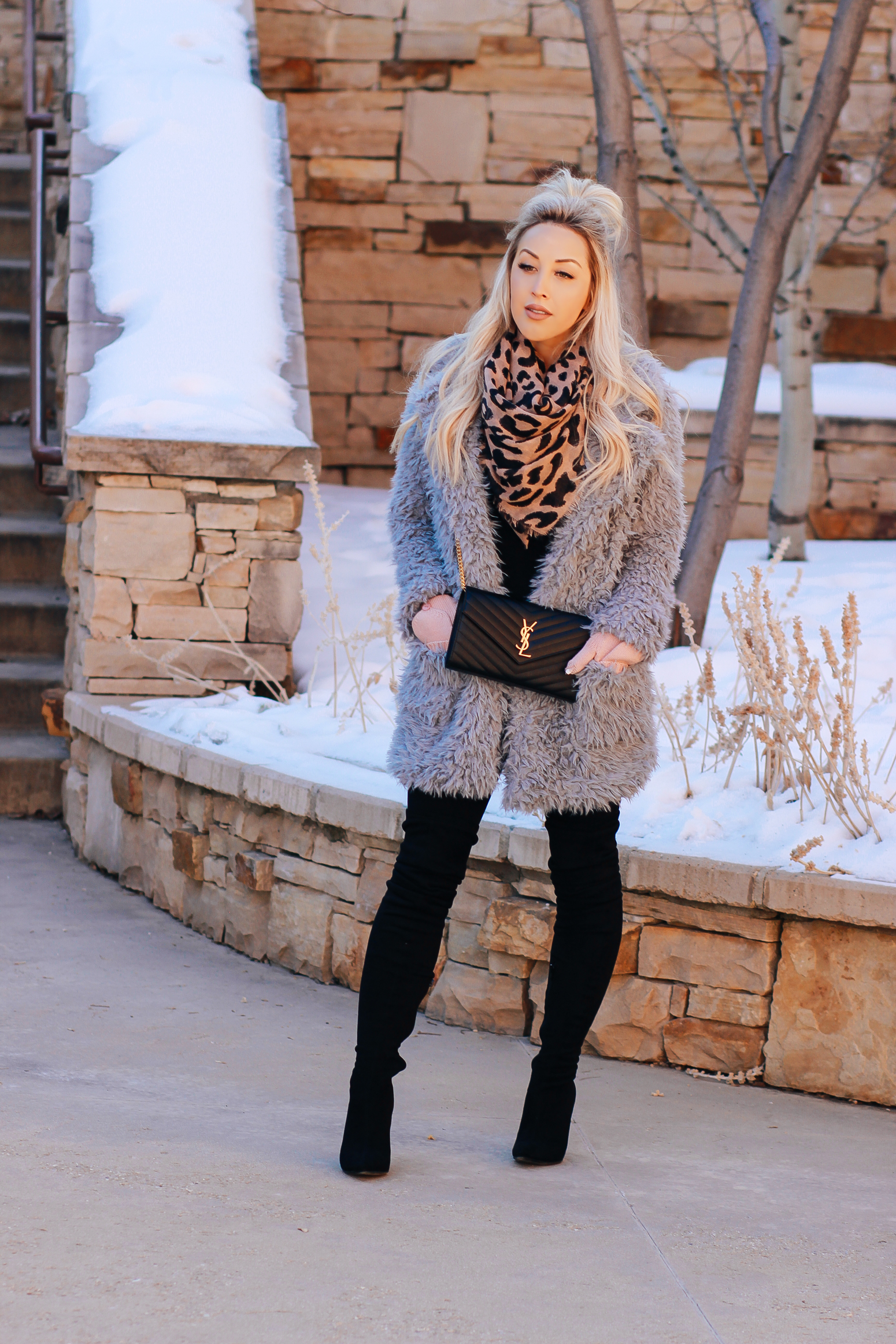 Blondie in the City | Blue Faux Fur Winter Coat, Leopard scarf, YSL Bag, Black Thigh High Boots | Winter Fashion