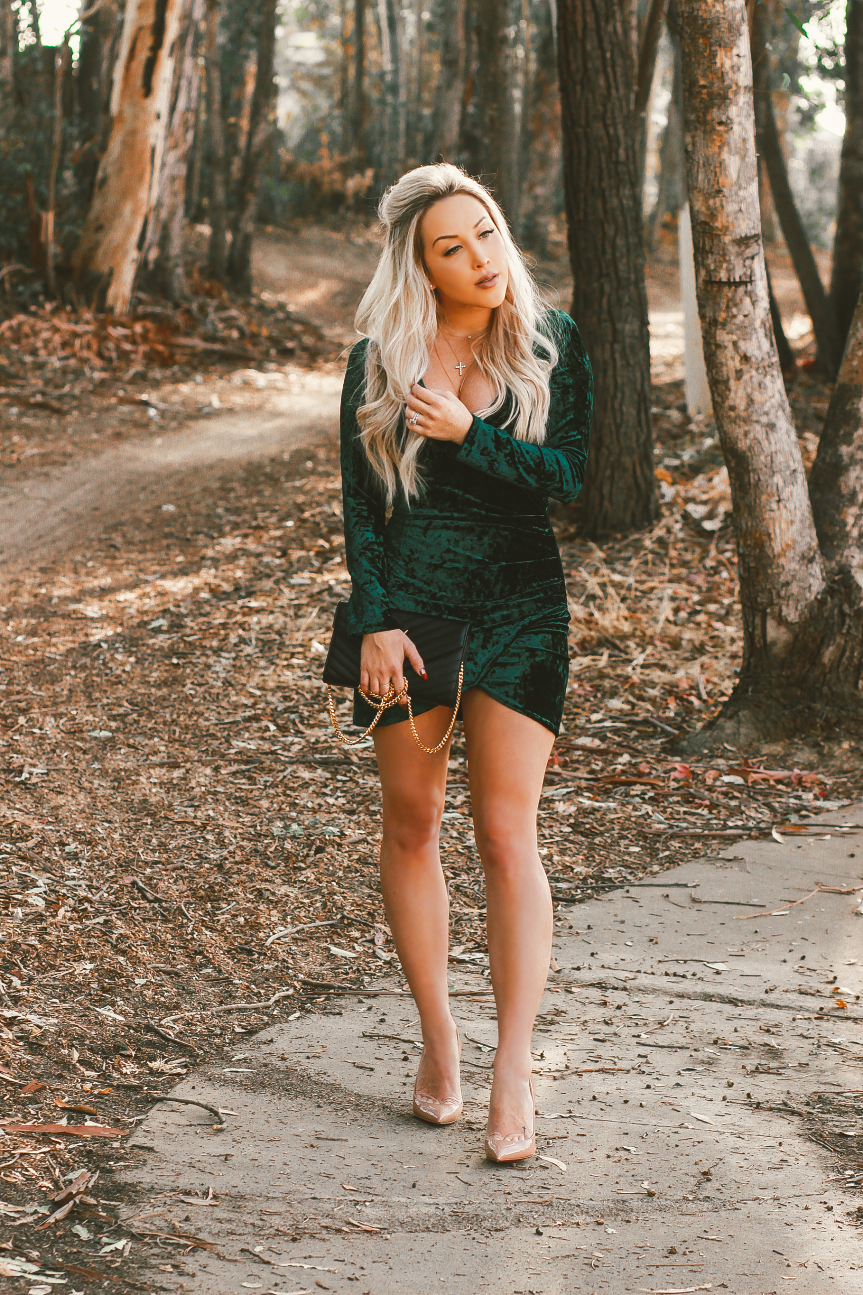 Blondie in the City | Green Velvet Christmas Dress
