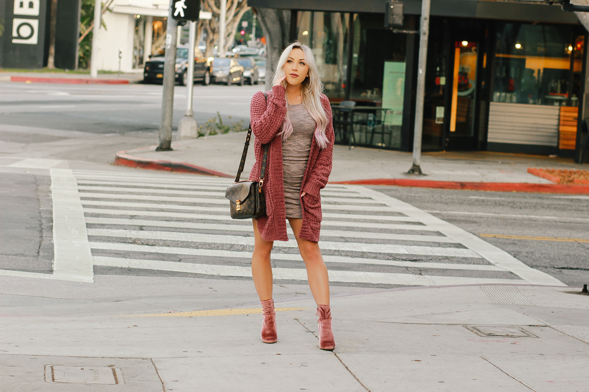 Blondie in the City | Fall Fashion | Cozy Cardigan, Pink Velvet Boots