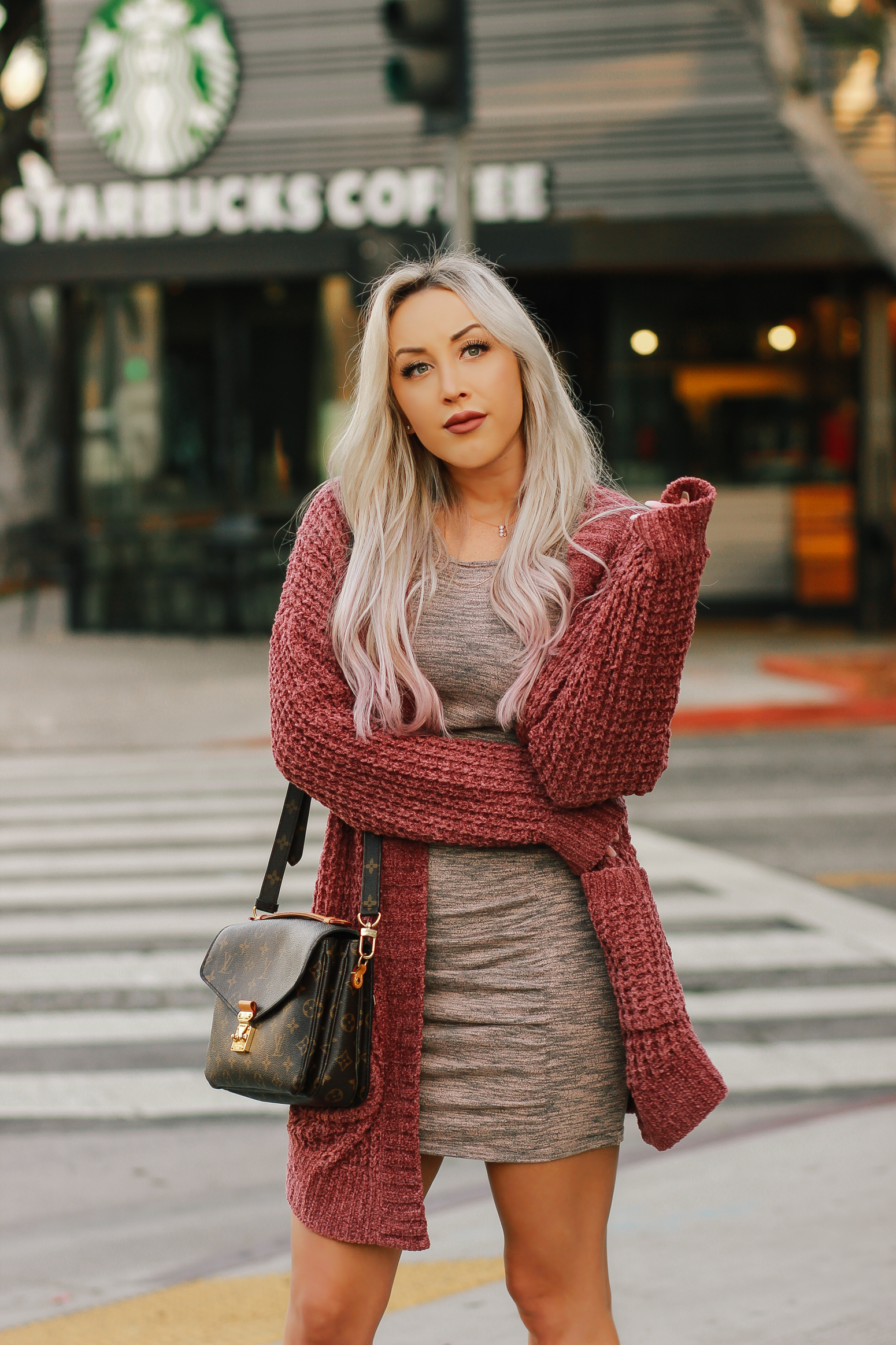 Blondie in the City | Fall Fashion | Cozy Cardigan, Pink Velvet Boots