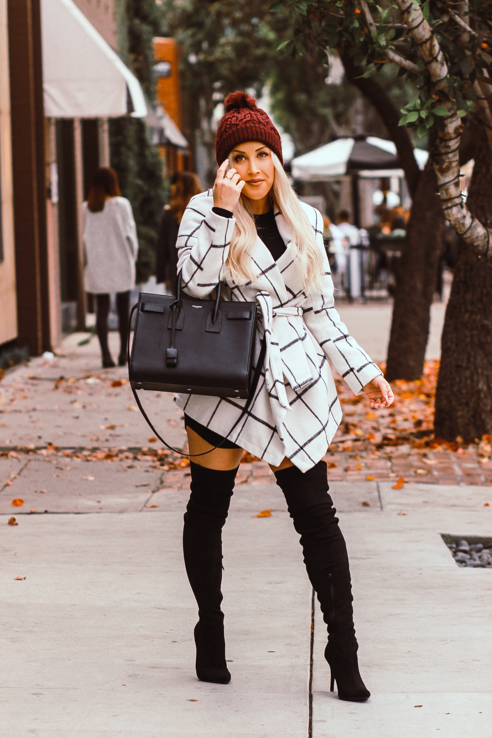 Winter Fashion, Black & White Grid Coat, Pom Beanie, Thigh High Boots, YSL Bag | Blondie in the City