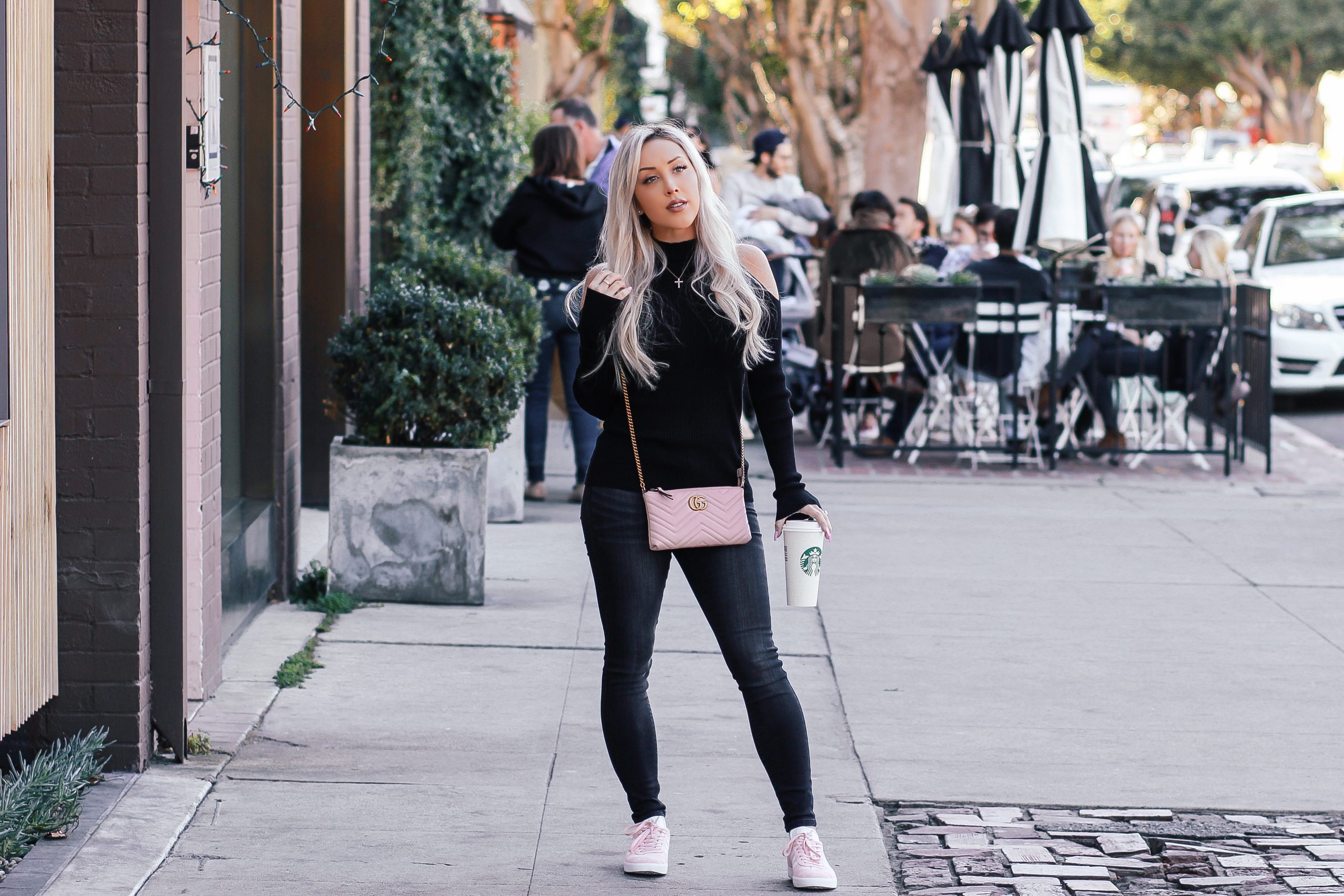 A Little Bit Of Pink | Sleek in Black, Pink Adidas, Pink Gucci Bag | Blondie in the City by Hayley Larue