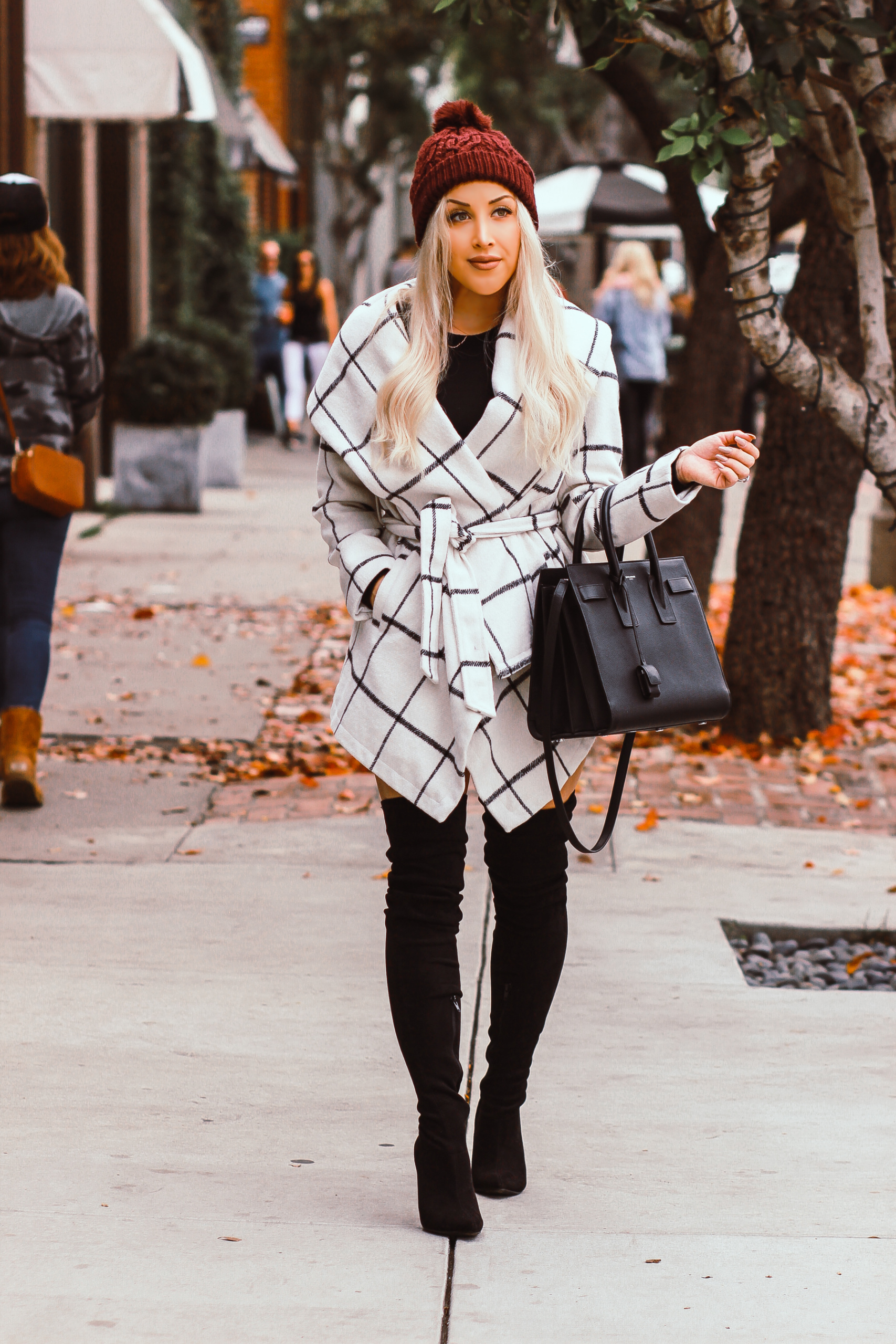 Winter Fashion, Black & White Grid Coat, Pom Beanie, Thigh High Boots, YSL Bag | Blondie in the City