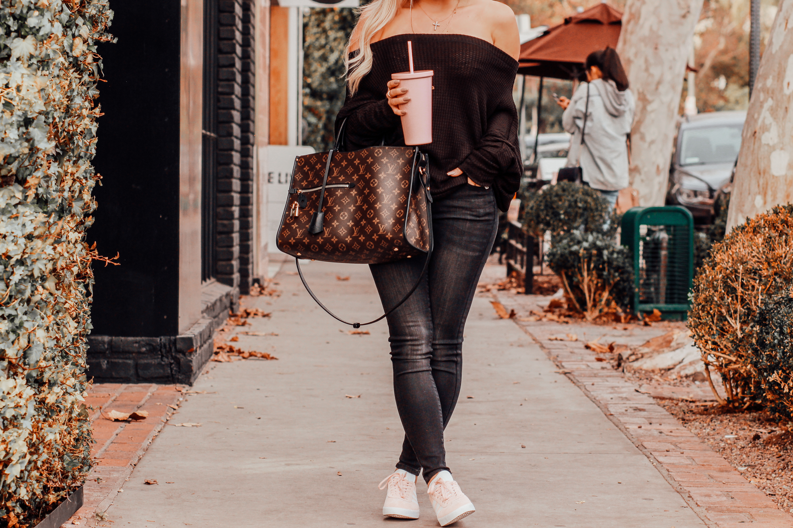 Black Off the Shoulder Sweater, Black Jeans, Pink Adidas, Louis Vuitton Popincourt | Blondie in the City