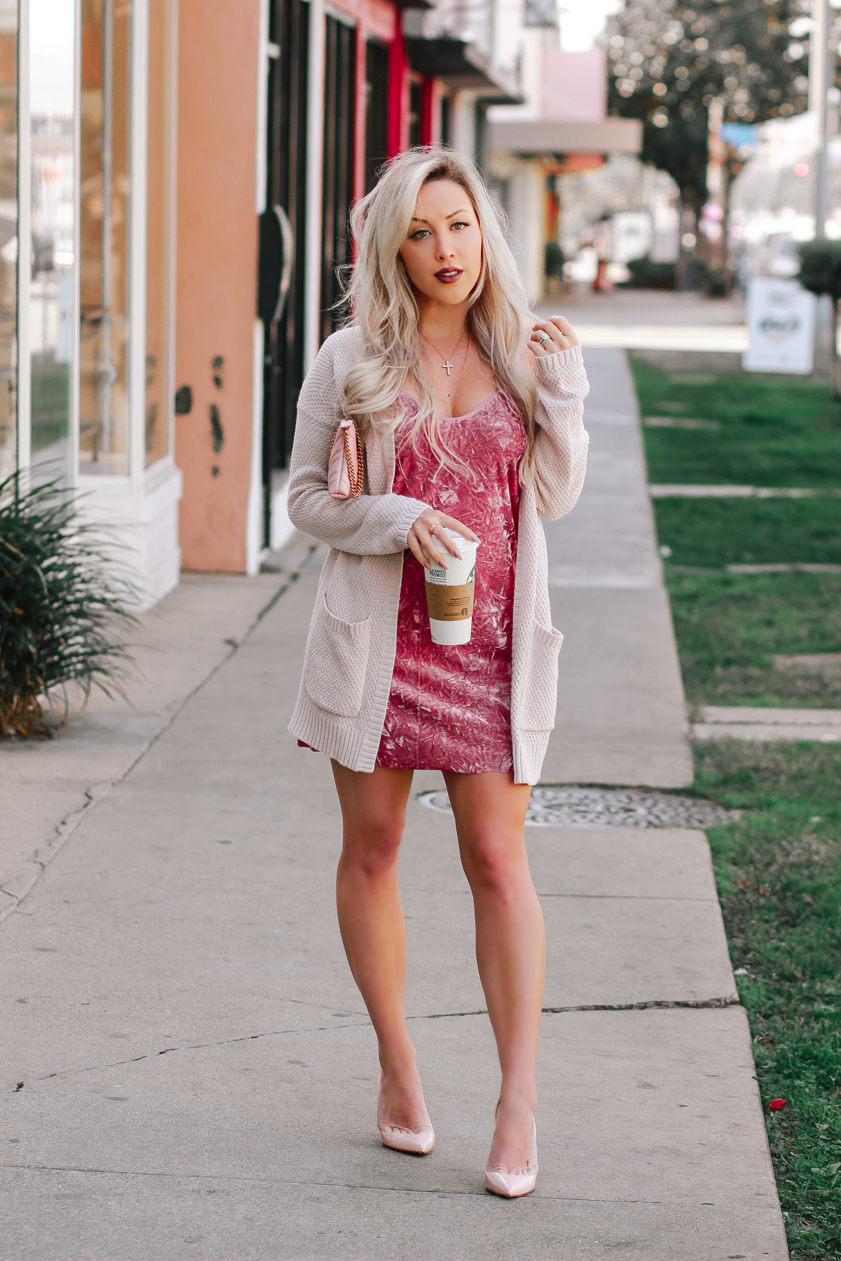Pink Crushed Velvet Dress, Blush Pink Gucci Crossbody, Pink Louboutins | Valentine's Day inspired Outfit | Blondie in the City by Hayley Larue