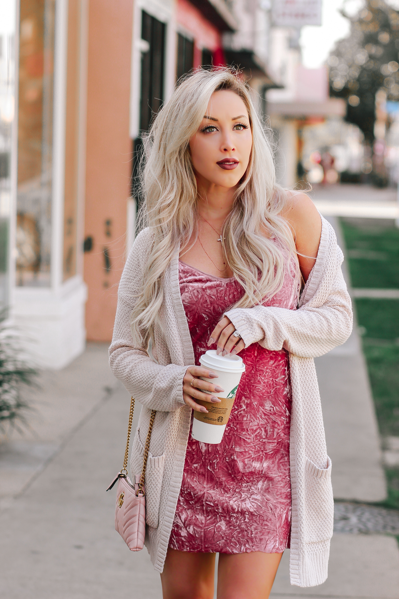 Pink Crushed Velvet Dress, Blush Pink Gucci Crossbody, Pink Louboutins | Valentine's Day inspired Outfit | Blondie in the City by Hayley Larue