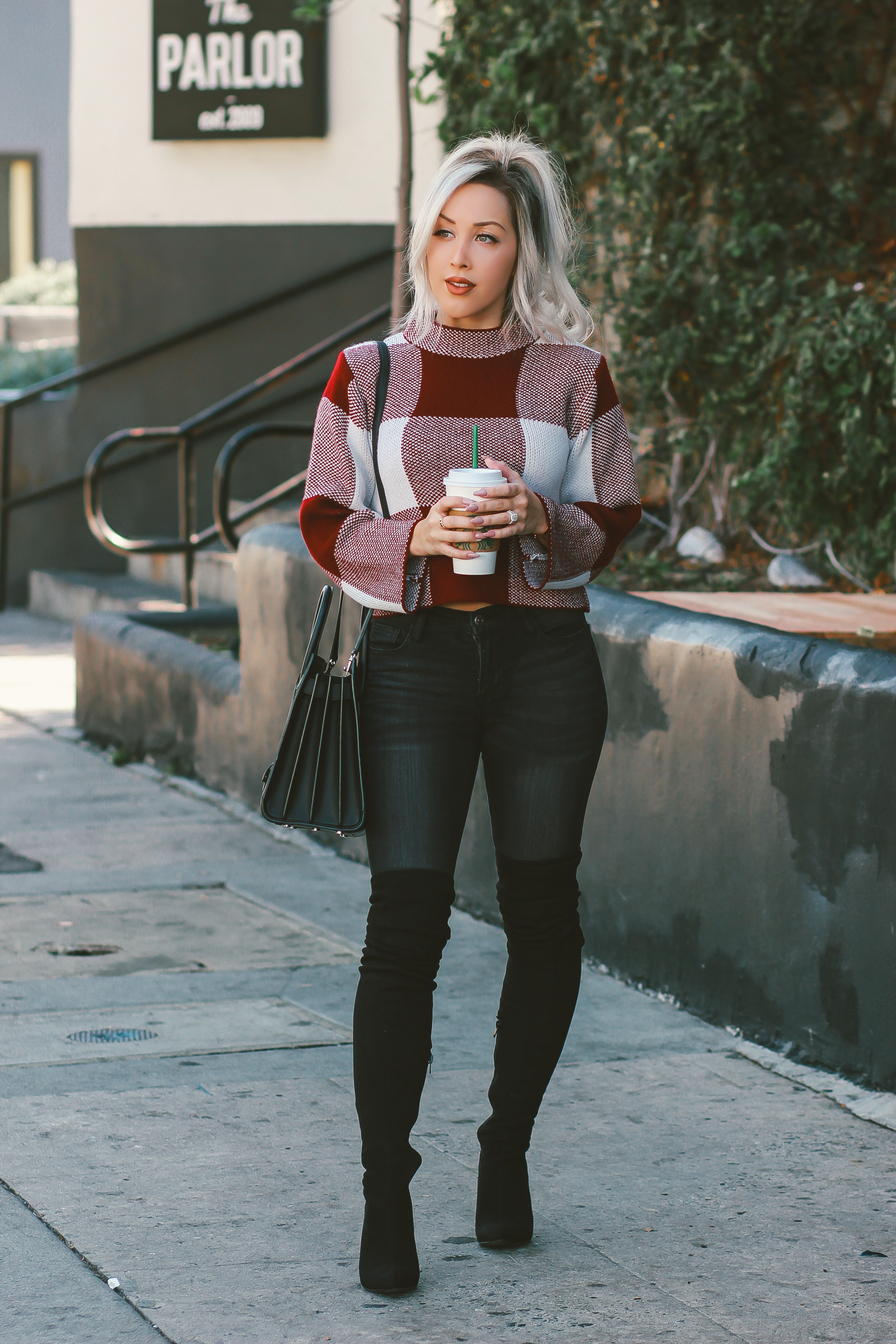 Gingham Cropped Sweater |Black Thigh High Boots, Black Saint Laurent Sac De Jour | Blondie in the City by Hayley Larue