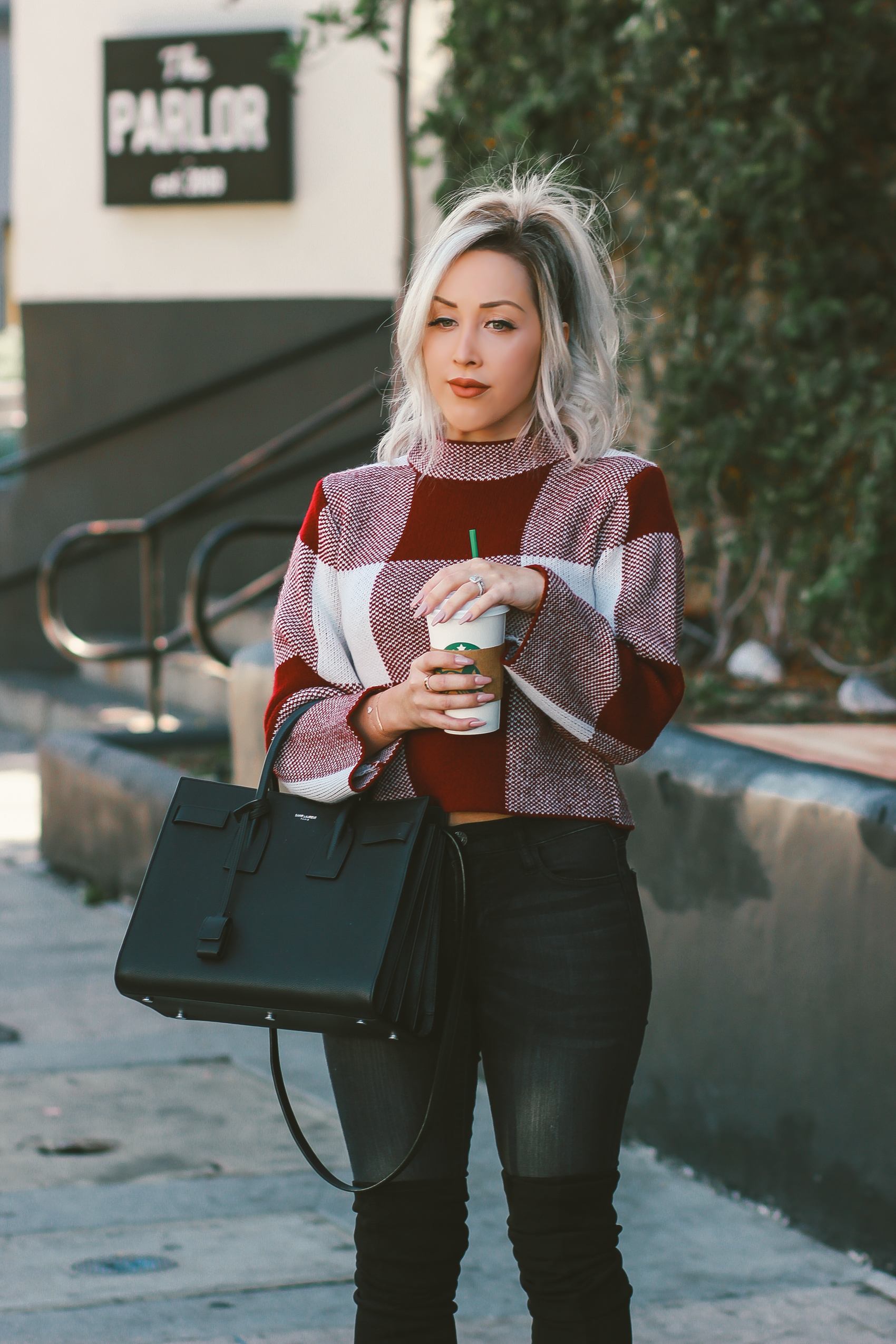 Gingham Cropped Sweater |Black Thigh High Boots, Black Saint Laurent Sac De Jour | Blondie in the City by Hayley Larue