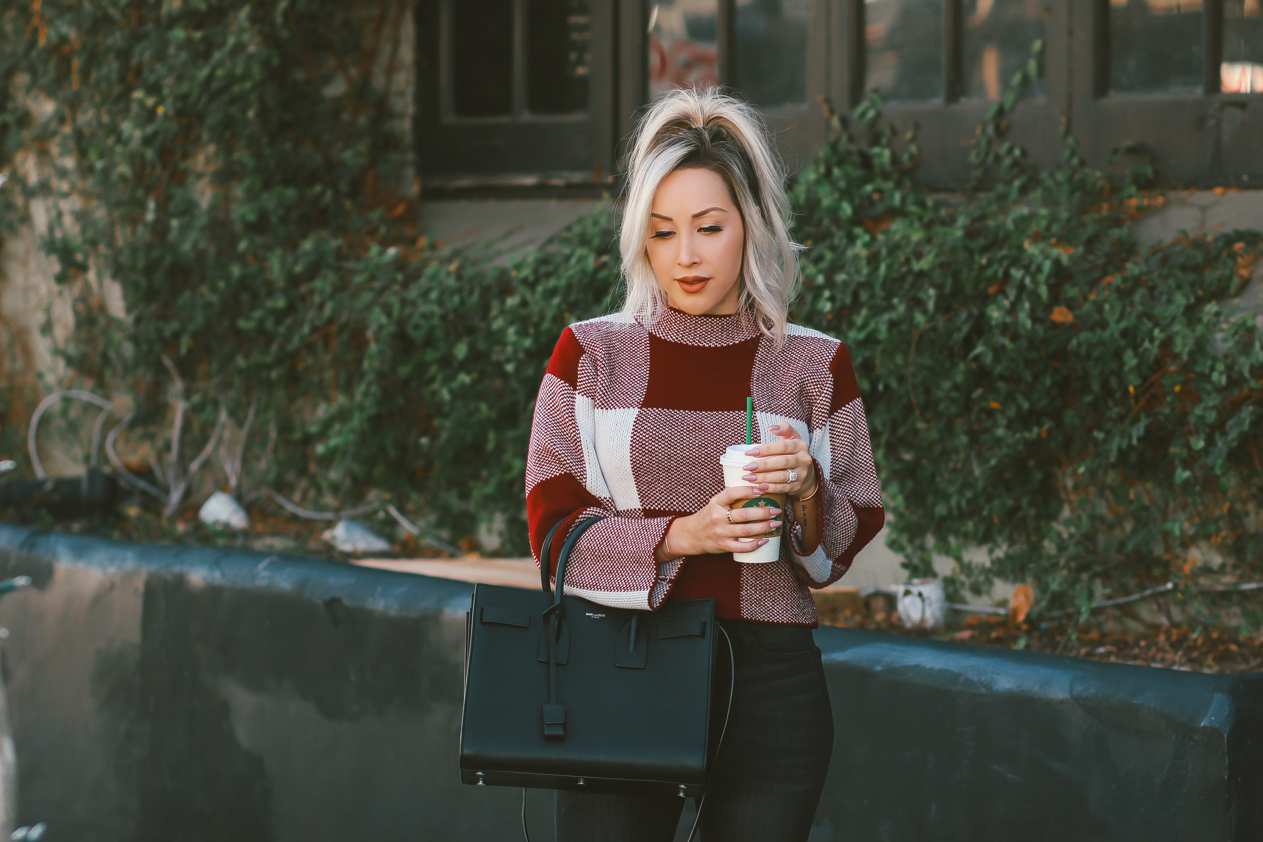 Gingham Cropped Sweater |Black Thigh High Boots, Black Saint Laurent Sac De Jour | Blondie in the City by Hayley Larue