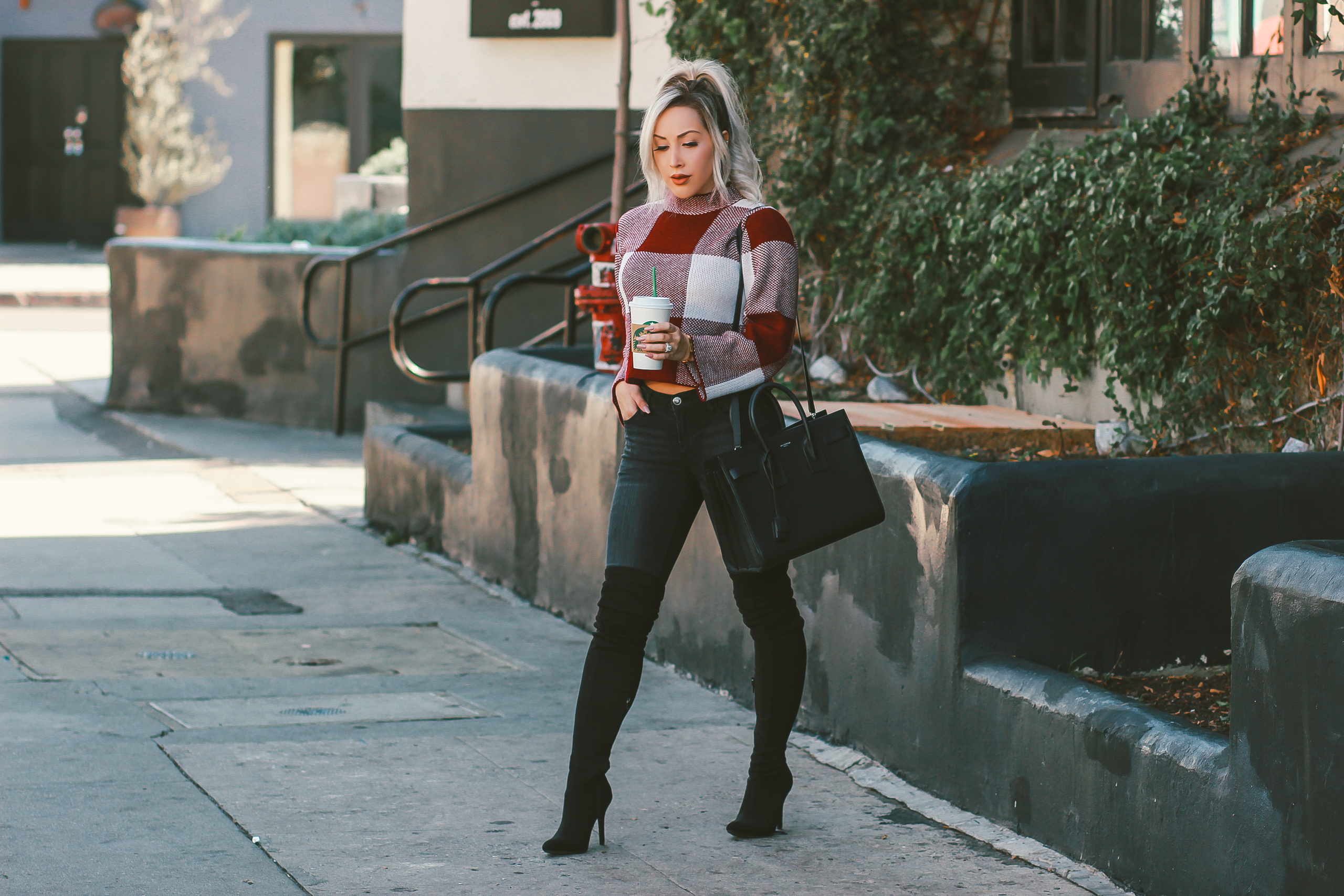 Gingham Cropped Sweater |Black Thigh High Boots, Black Saint Laurent Sac De Jour | Blondie in the City by Hayley Larue