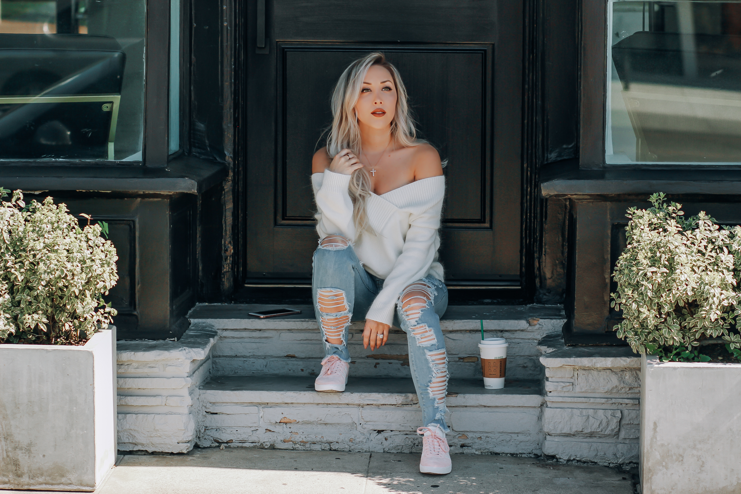 Ripped Jeans, Fuzzy Off The Shoulder Sweater, Pink Adidas | Blondie in the City by Hayley Larue