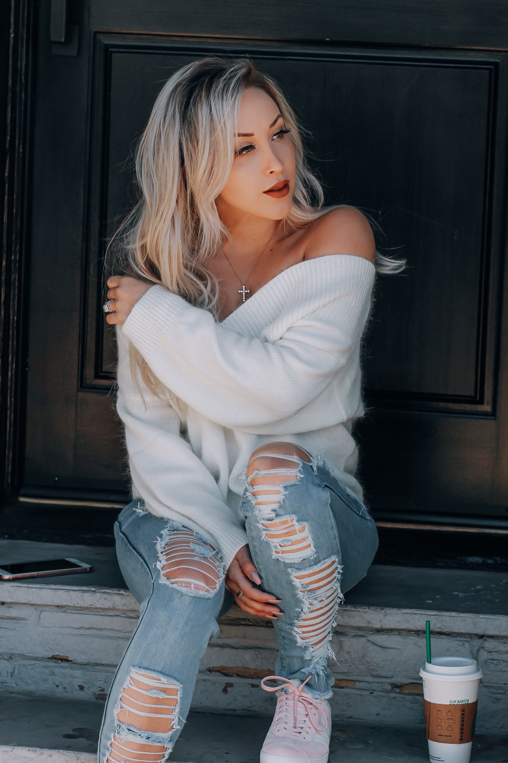 Ripped Jeans, Fuzzy Off The Shoulder Sweater, Pink Adidas | Blondie in the City by Hayley Larue 