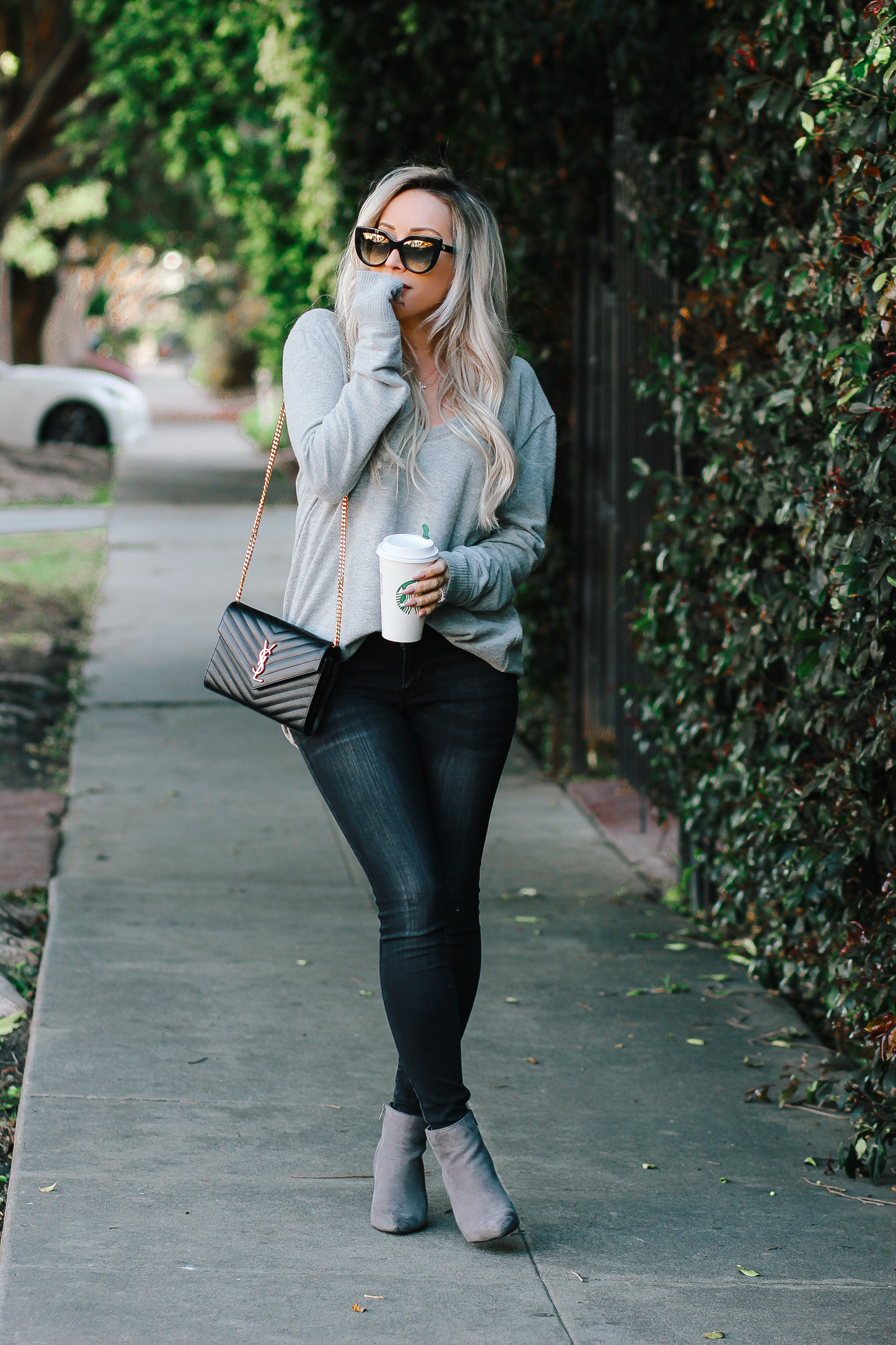 Grey Oversized Pullover | Black Jeans | Black YSL Bag | Gucci Sunglasses | Blondie in the city by Hayley Larue