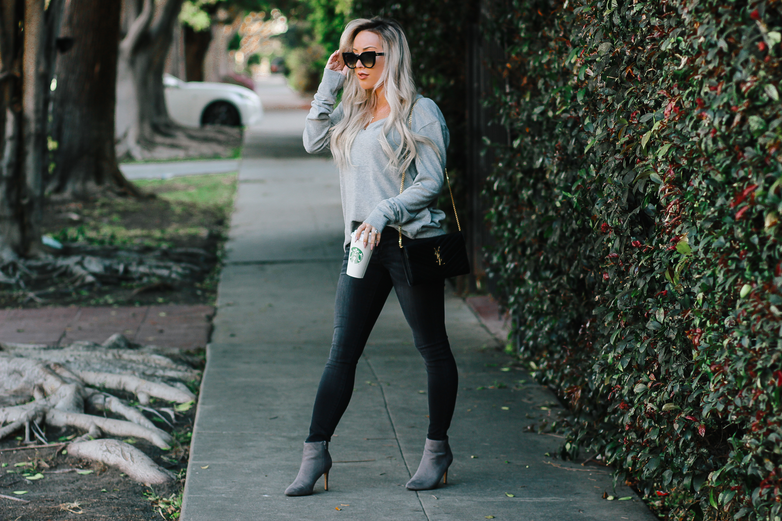 Grey Oversized Pullover | Black Jeans | Black YSL Bag | Gucci Sunglasses | Blondie in the city by Hayley Larue