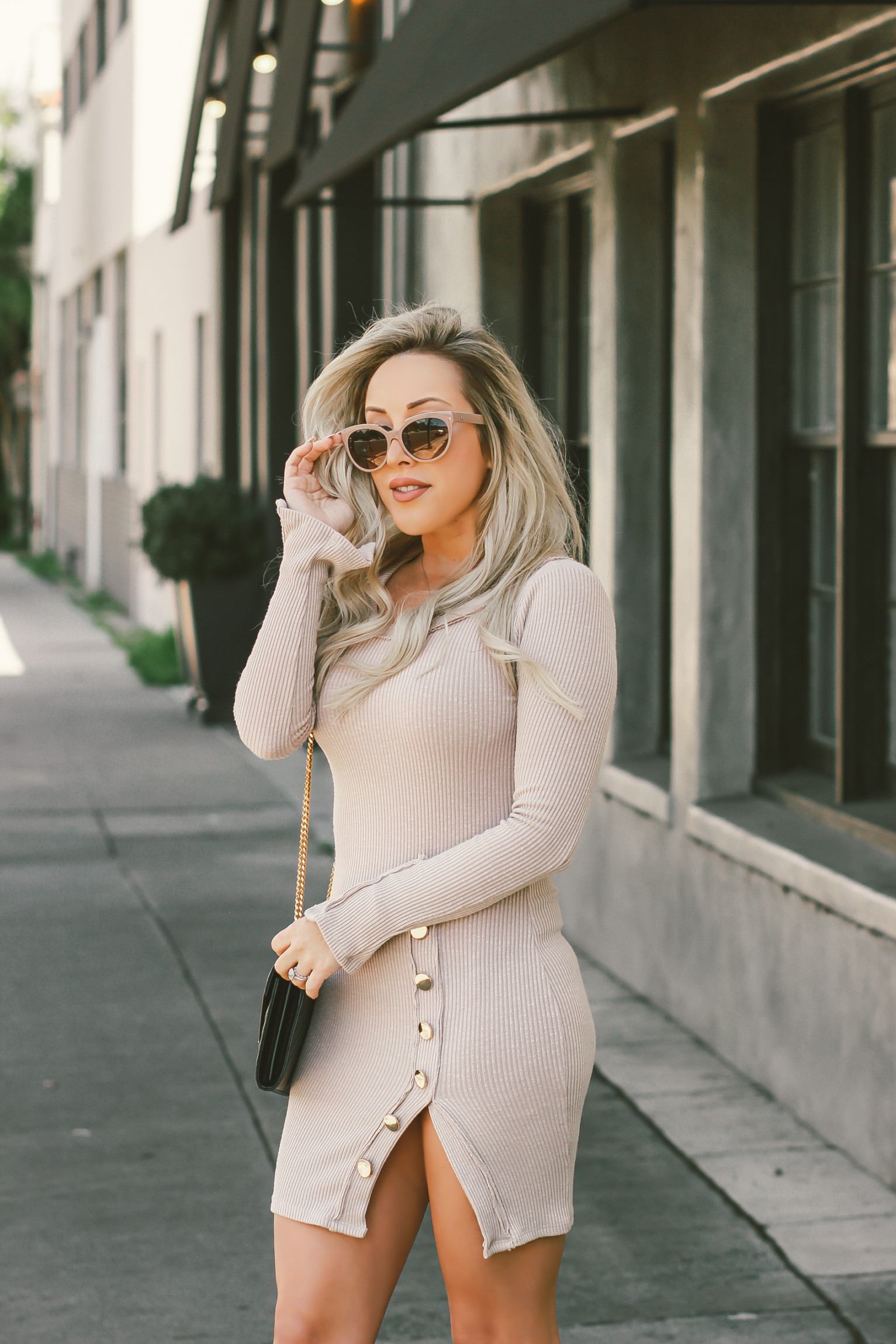Beige/Neutral Sexy Button Sweater Dress | Balenciaga Sunglasses, Nude Louboutins, Black YSL | Blondie in the City by Hayley Larue
