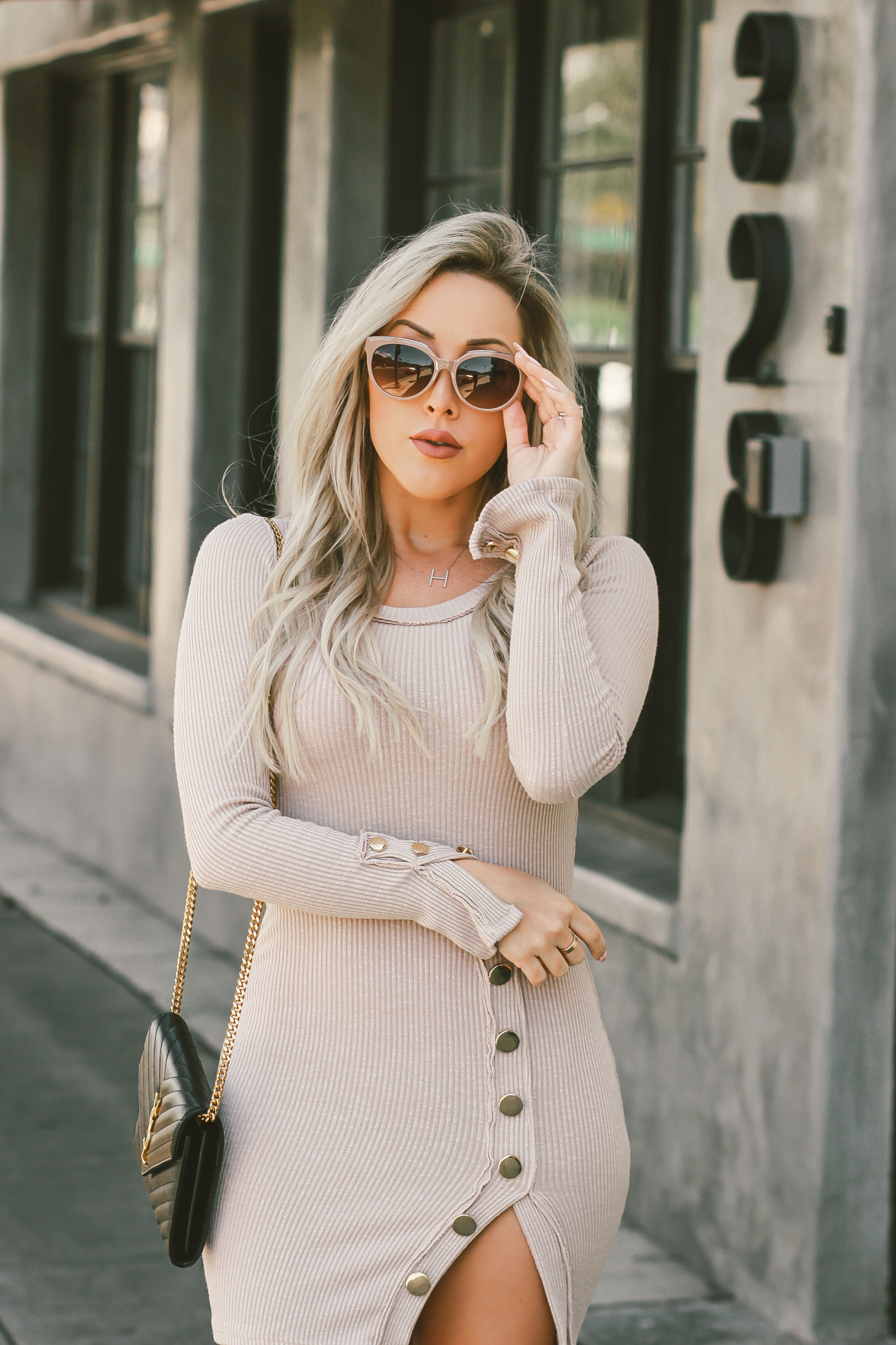 Beige/Neutral Sexy Button Sweater Dress | Balenciaga Sunglasses, Nude Louboutins, Black YSL | Blondie in the City by Hayley Larue