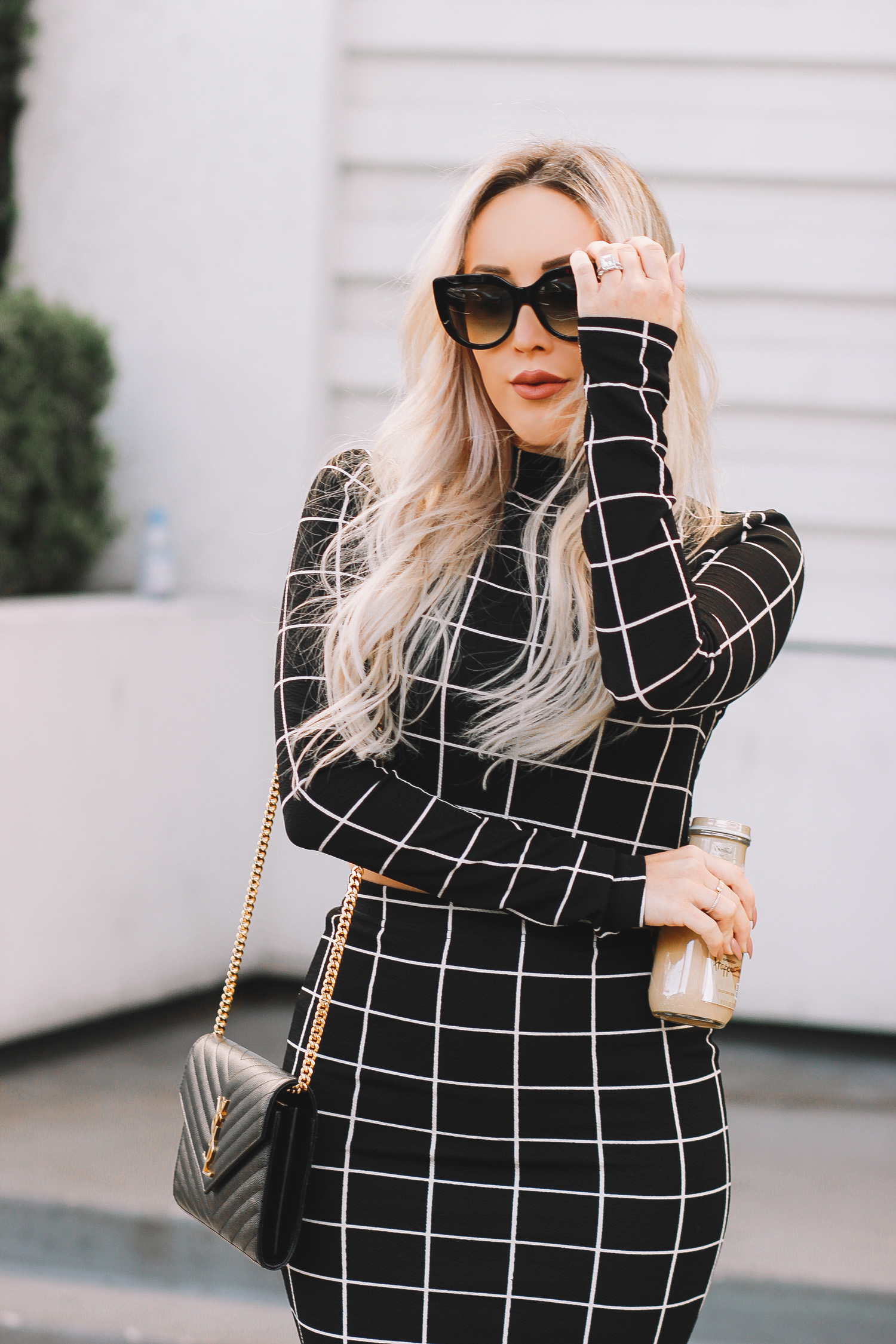 Grid Print Two Piece Business Style | Black YSL Bag | Nude Louboutins | Blondie in the City by Hayley Larue