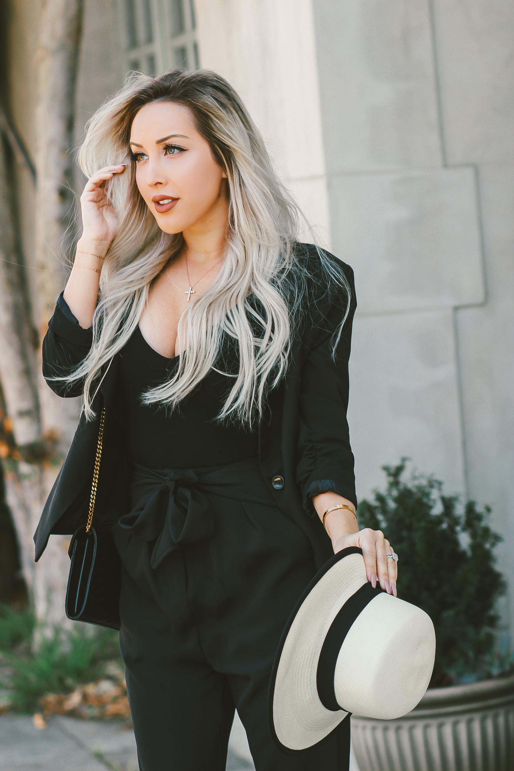 Panama Hat @galponco | All Black with Nude Louboutin's | Black YSL Bag | Blondie in the City by Hayley Larue