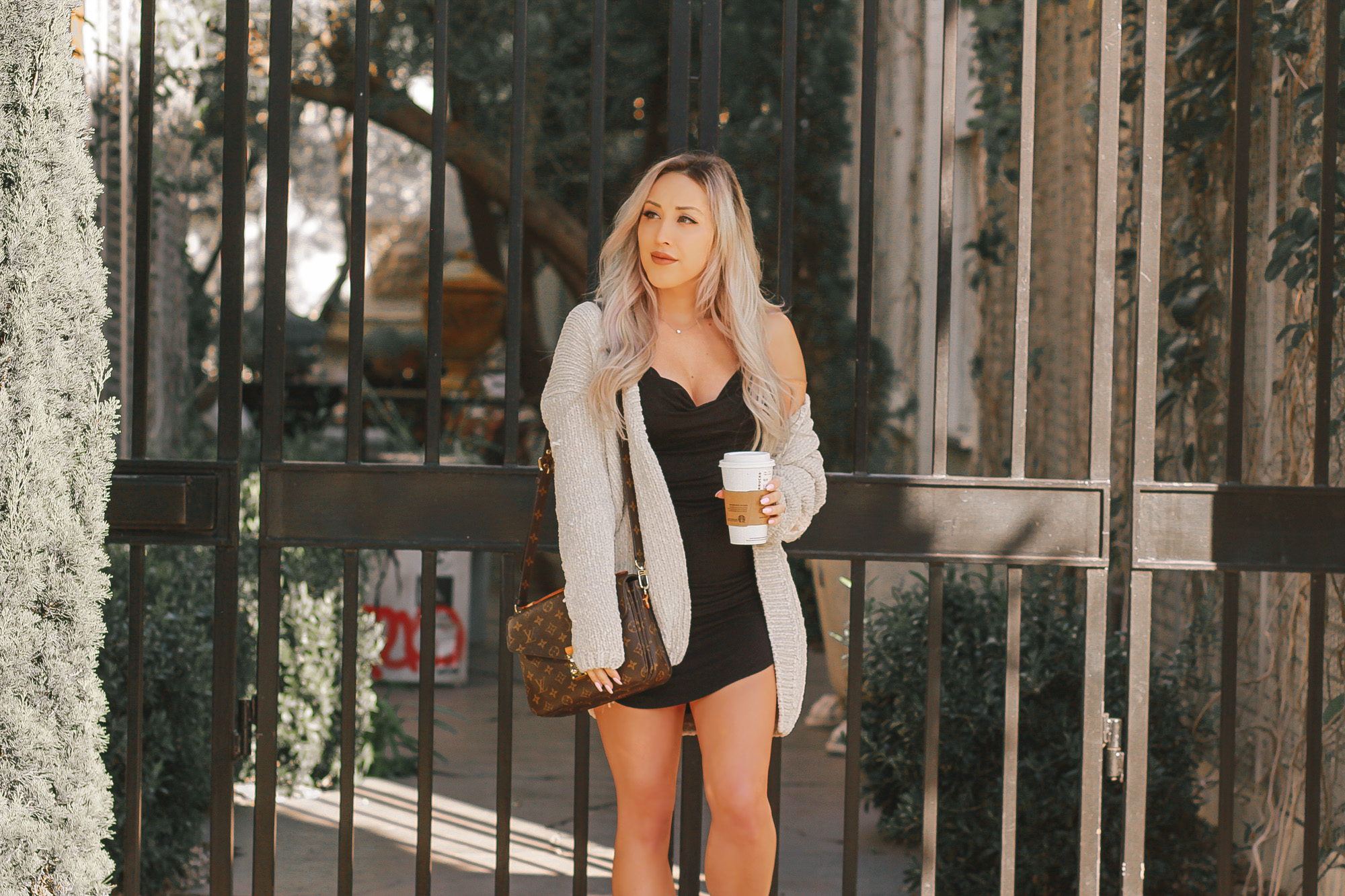 Cute n' Cozy | Little Black Dress, Cozy Sweater, Louis Vuitton Pochette Metis, Louis Vuitton Nom Did Mules | Blondie in the City by Hayley Larue