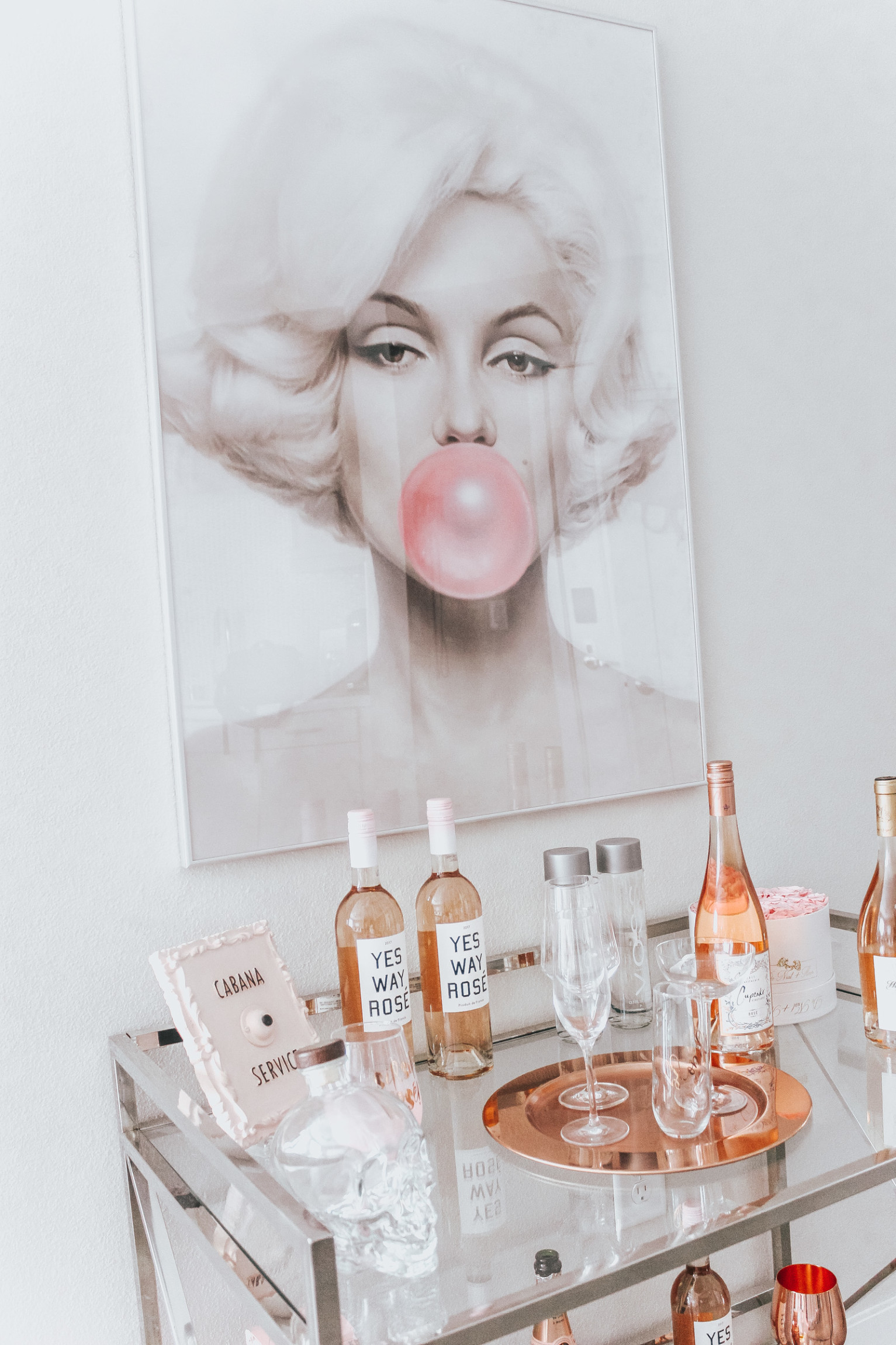 Chic Rosé Bart Cart | Marilyn Monroe Bubble Gum | Bar Cart Styling | Cabana Service | Home Decor | Rosé & White Cart Cart | Blondie in the City by Hayley Larue